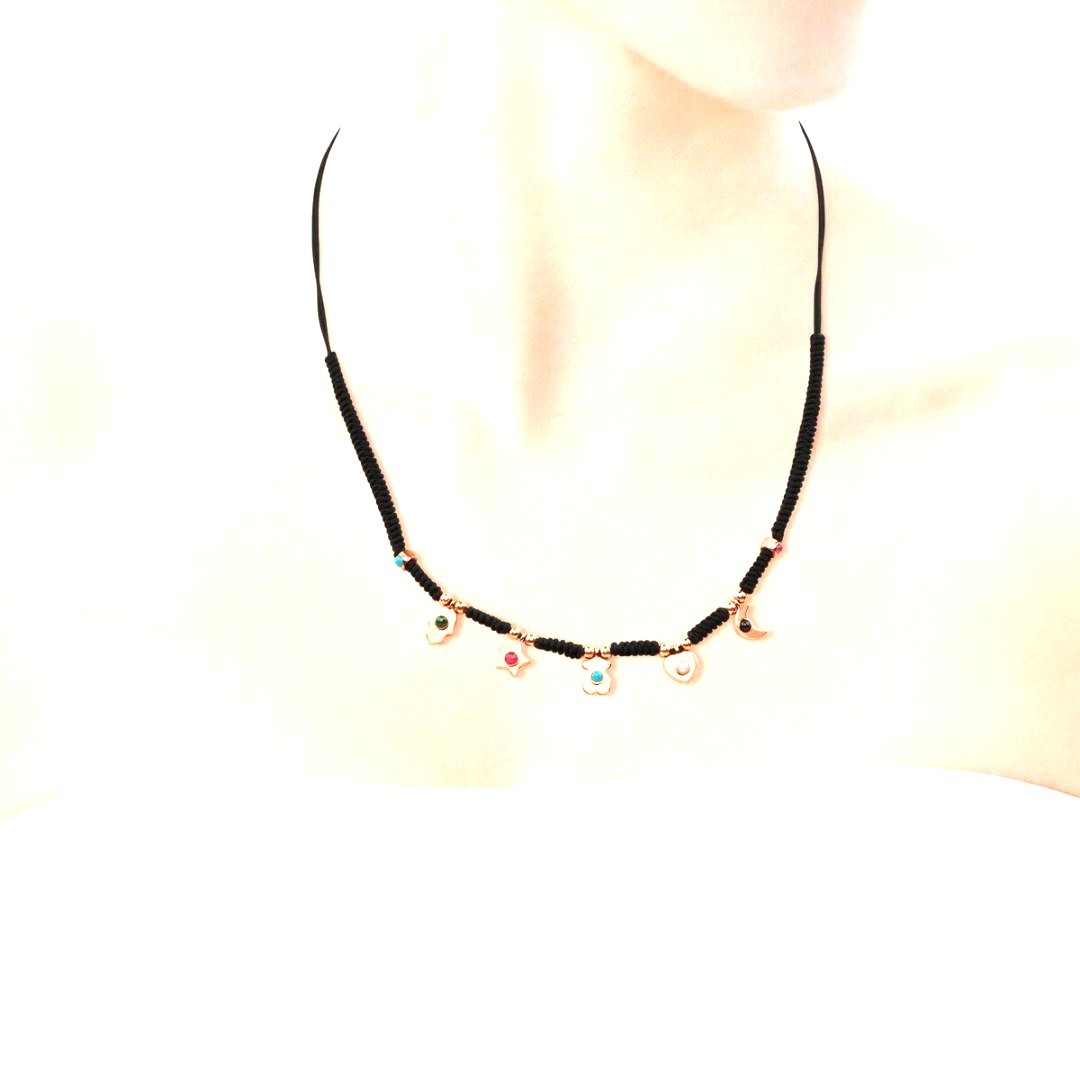TOUS Super Power Charm Necklace Black Cord Rose Vermeil Silver Gemstone Spain