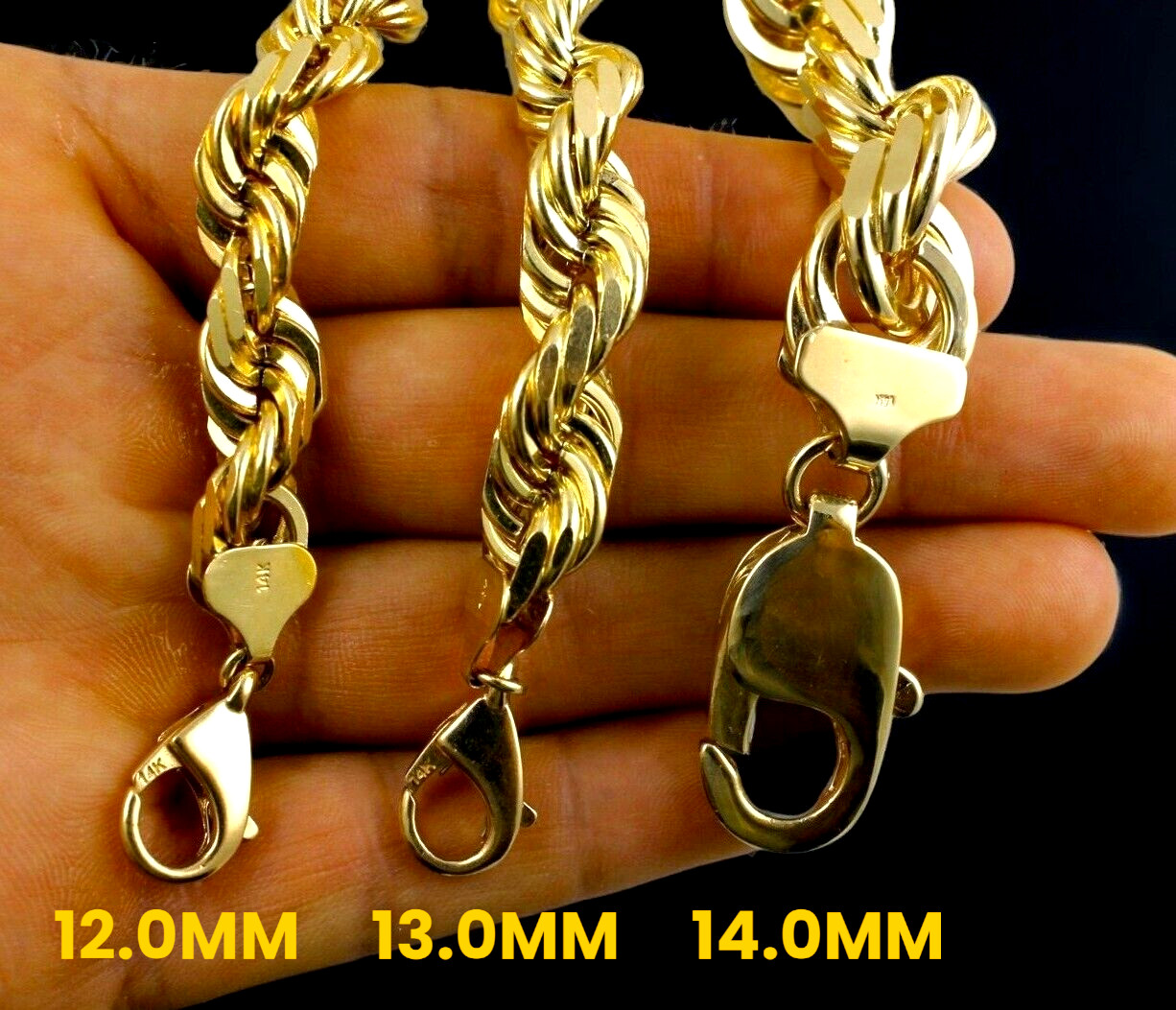 14K Yellow Gold SOLID Rope Chain Bracelet Diamond Cut Real Gold 1mm-12mm 7″-9″