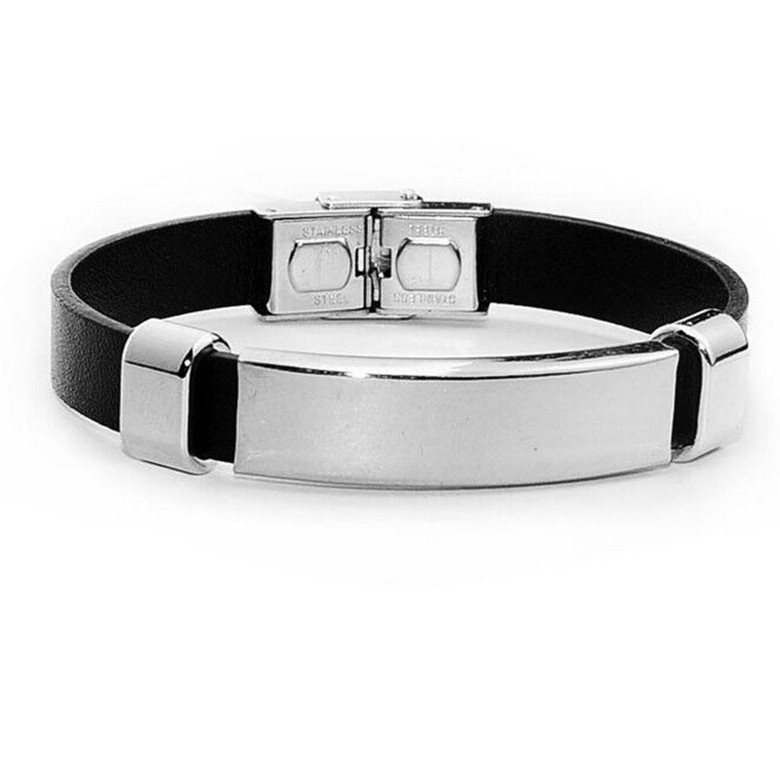 Mens Stainless Steel ID Identification Genuine Leather Bangle Bracelet #BR511