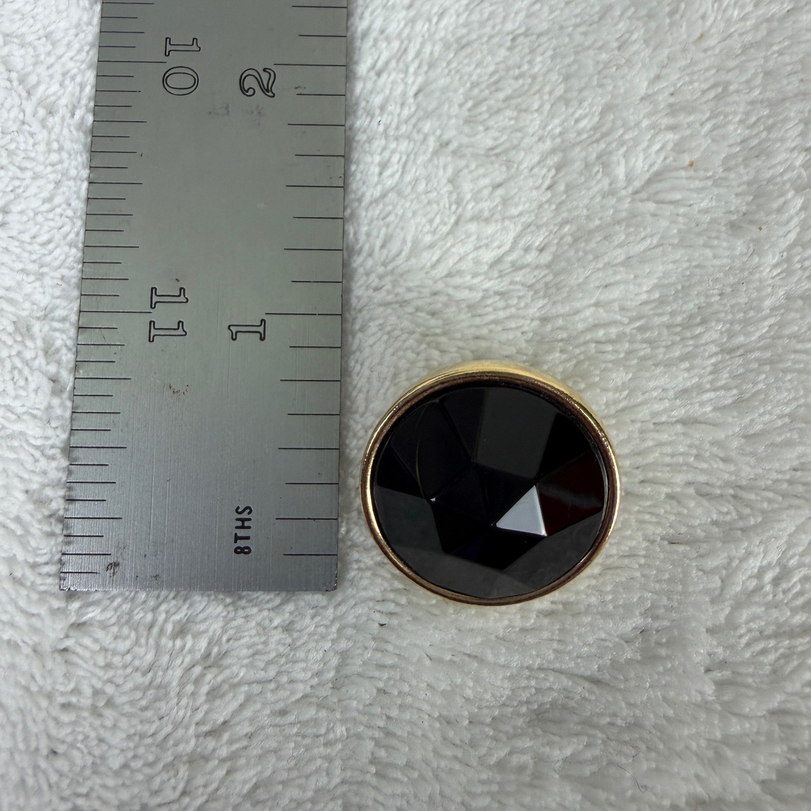 Large Round Black Faceted Stud Earrings Gold Tone Bezel Statement Jewelry 1 Inch