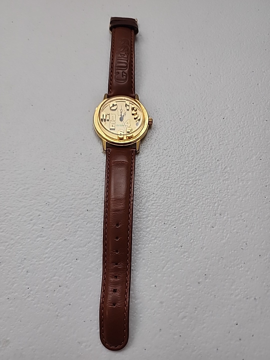 Rare 1995 Guess Watch/Leather Band/ Raised Numbers Water Resistant/ Not Tested
