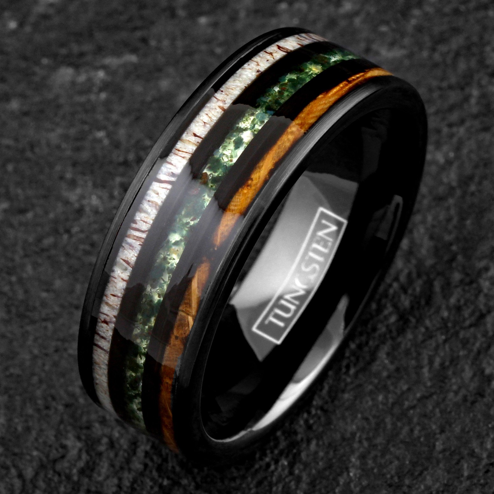 Black Tungsten Carbide Moss Agate Deer Antler Whiskey Barrel Band Ring