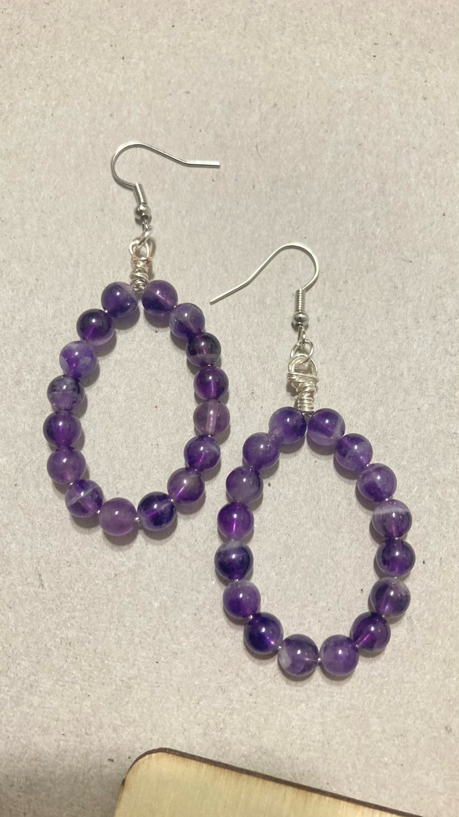 Purple Amethyst Oval Hoop Dangle Drop Bead Handmade Wire Wrap Earrings 2.5 Inch