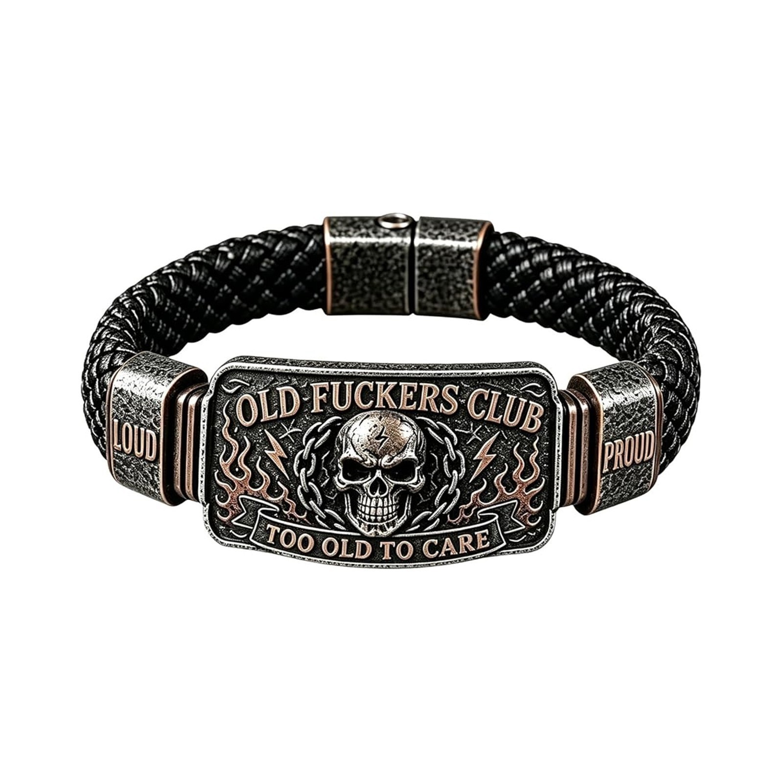 Old F-ckers Club Men’s Vintage Skull Flame Biker Braided Bracelet Gift Set Leath