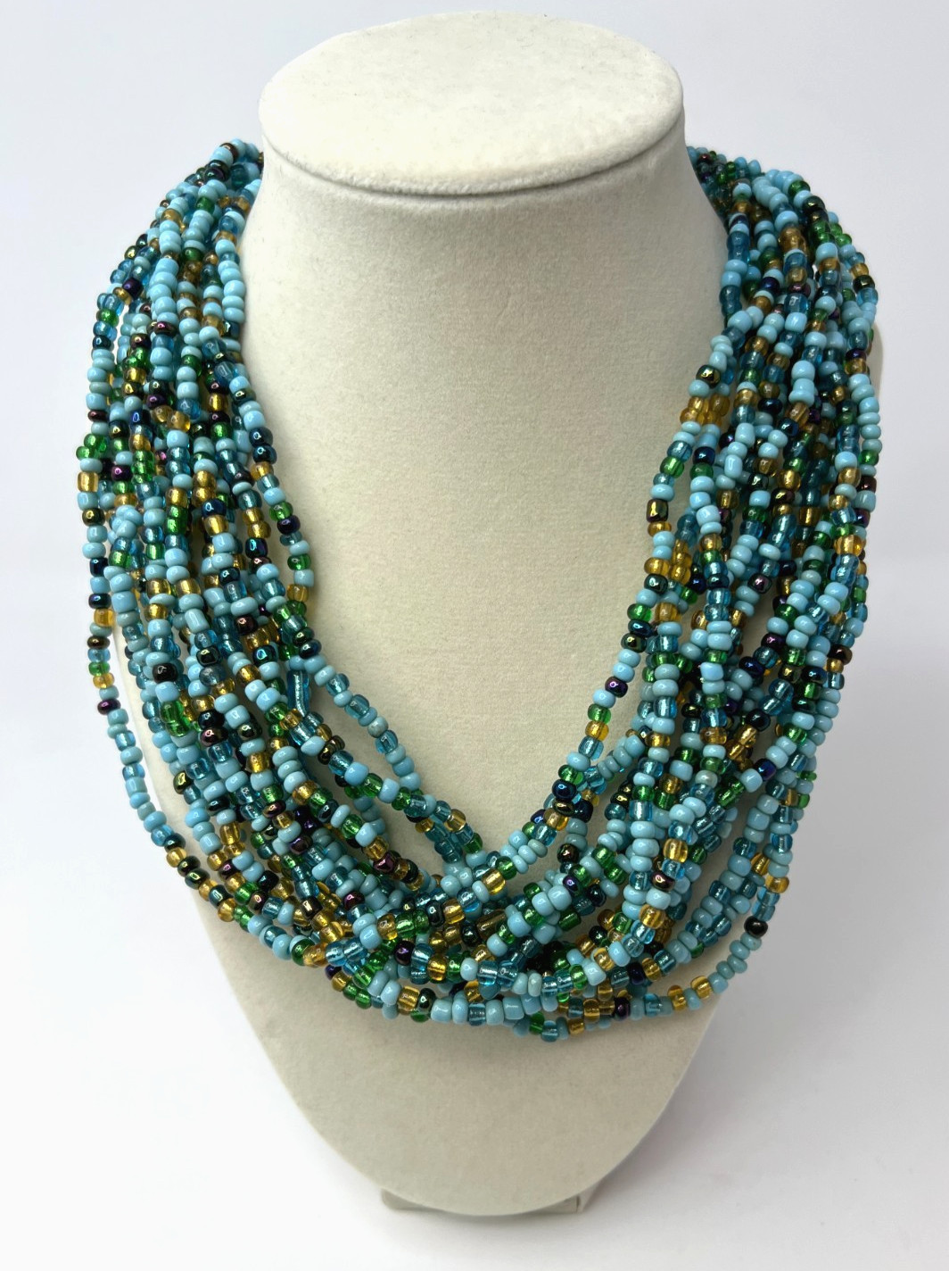 Vintage Lovely 15 Strand Beaded Statement Necklace Blue Green Gold 20″
