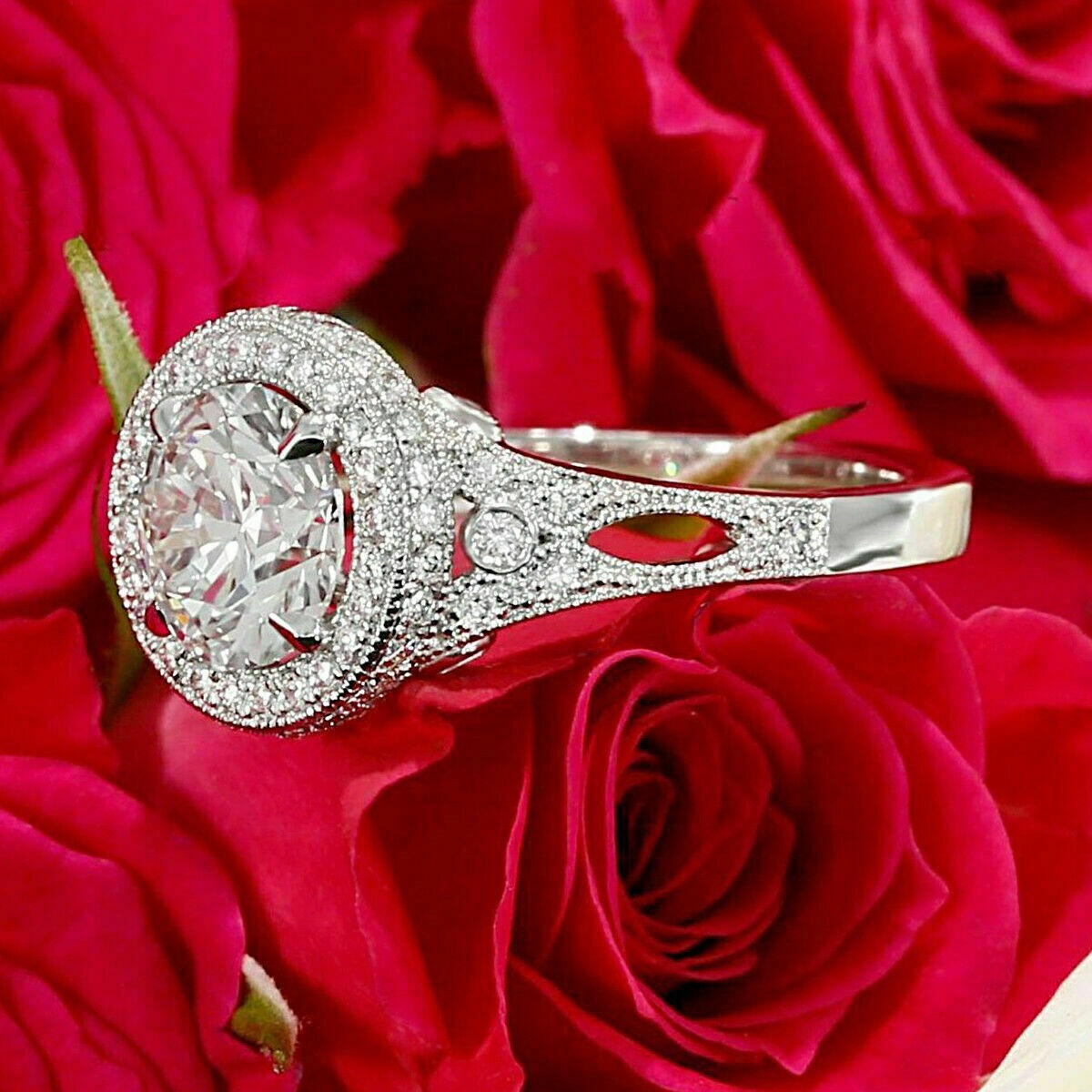 3Ct Round Simulated Diamond Round Flower Engagement Ring 14k White Gold Plated