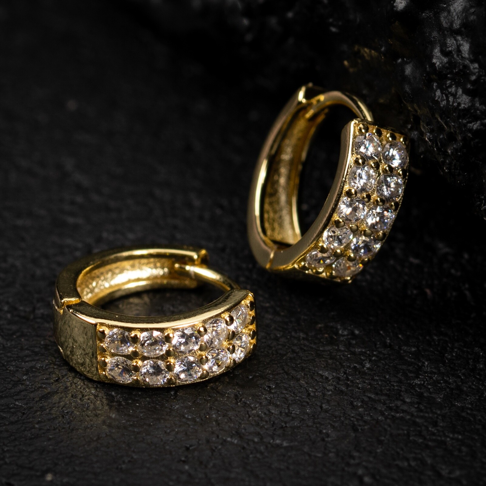 Men’s Iced Two Row Cz Yellow Gold Plated Sterling Silver Huggie Hoop Earrings