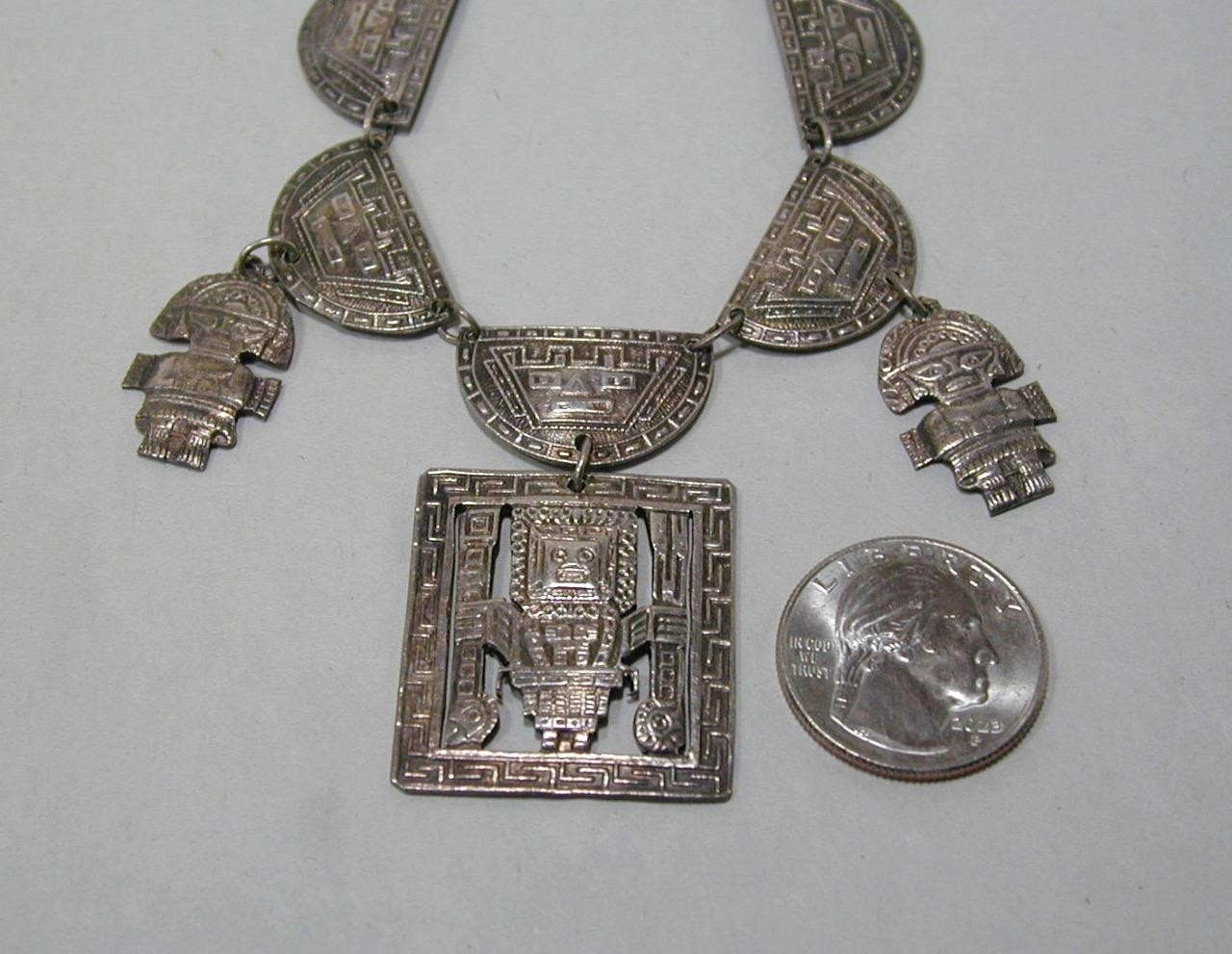 Vintage Peru 900 Silver Inca Tumi Panel Statement 16 1/2″ Necklace Choker Signed