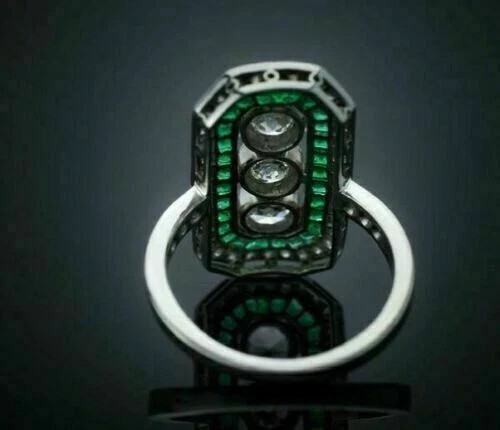 Art Deco Style Lab Created Diamond & Emerald Engagement 14K White Gold FN Ring