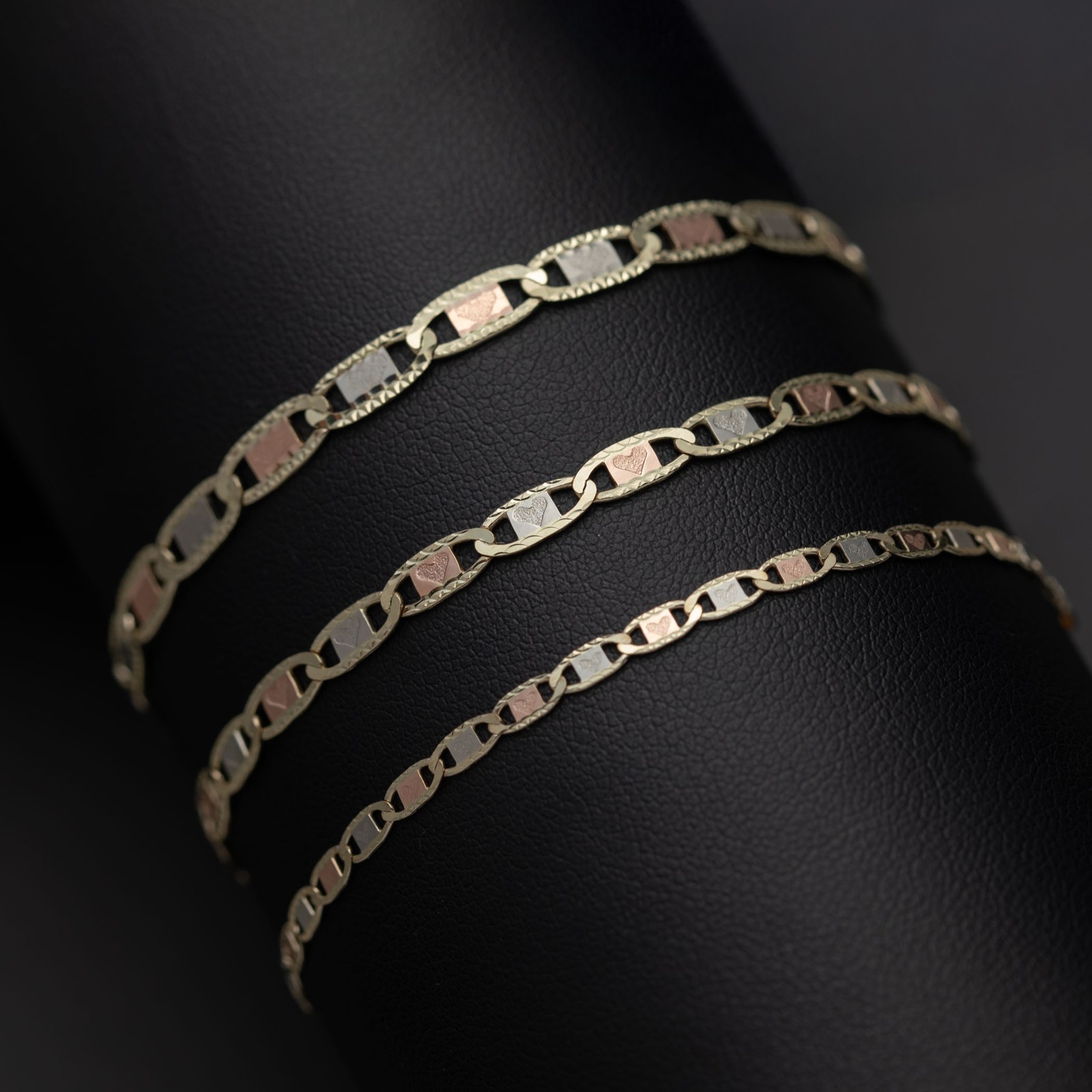 10K GOLD Heart Textured Valentino Link Bracelet Tri-Color Gold All Sizes