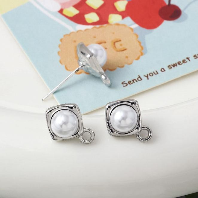 2Pairs Silver Rhodium Plated Alloy Faux Pearl Stud Earrings Component GJS632