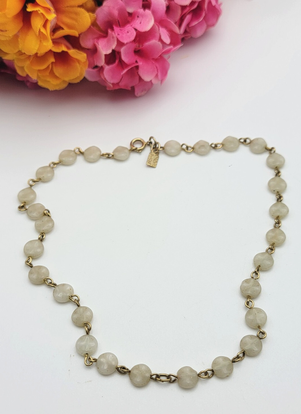 Vintage 50’s Emmons White Stone Beaded Necklace 15 Inch Gold Tone Carved 7.6mm