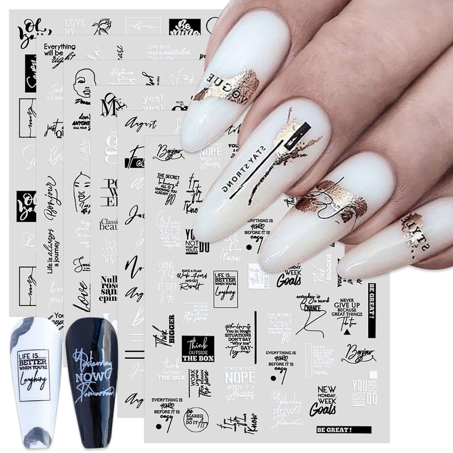 6 Sheets Black White Words Nail Stickers Self Adhesive English Words Abstract…
