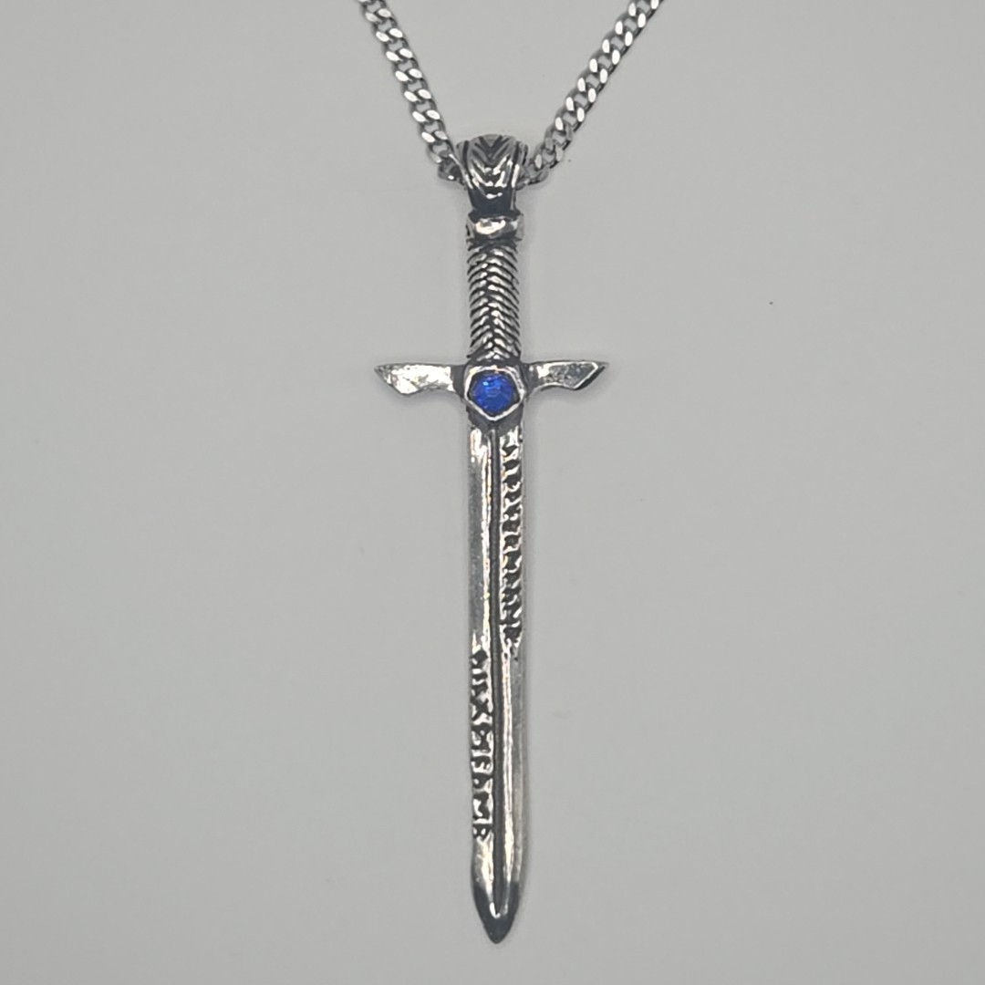 SWORD / BLUE STONE Pewter Pendant Charm /18″-24″ STAINLESS CURB CHAIN NECKLACE