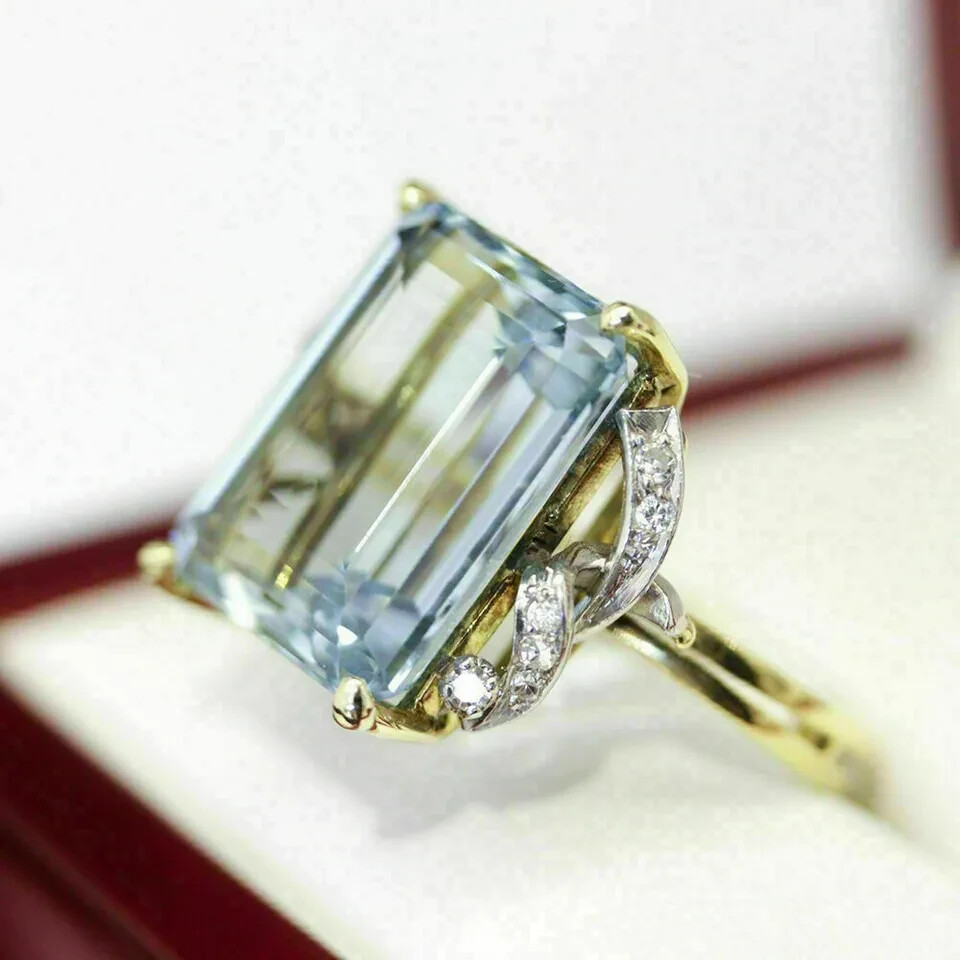 4.50Ct Emerald Cut Aquamarine Engagement Solitaire Ring 14K Yellow Gold Finish