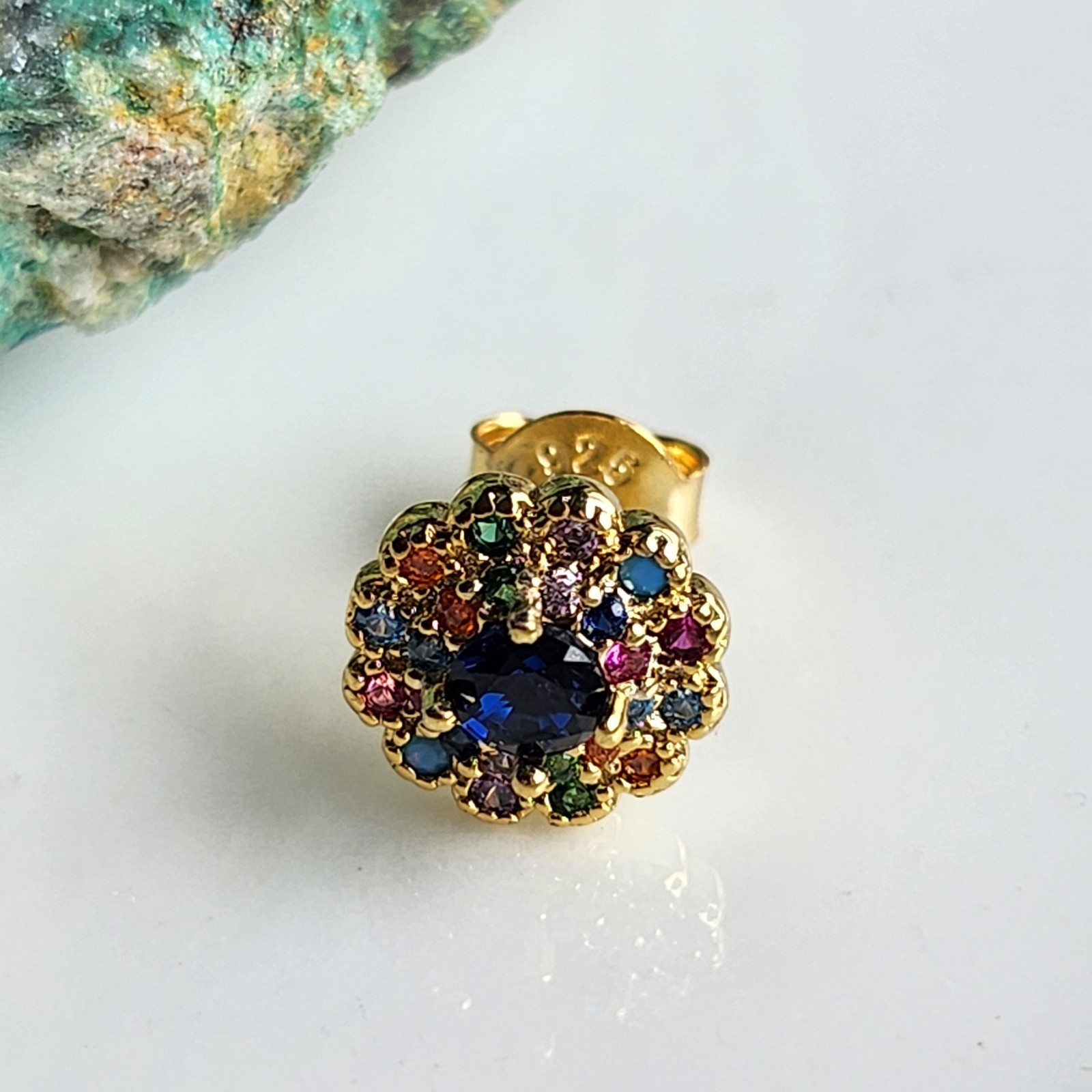 925 Sterling Silver Multi-Color Sapphire Stud 8.5mm Earrings Yellow Gold-plated