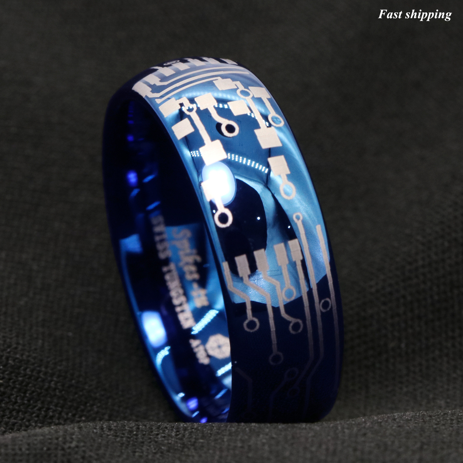 8mm Shiny Blue Dome Tungsten Carbide Ring Laser Circuit Board ATOP Men’s Jewelry
