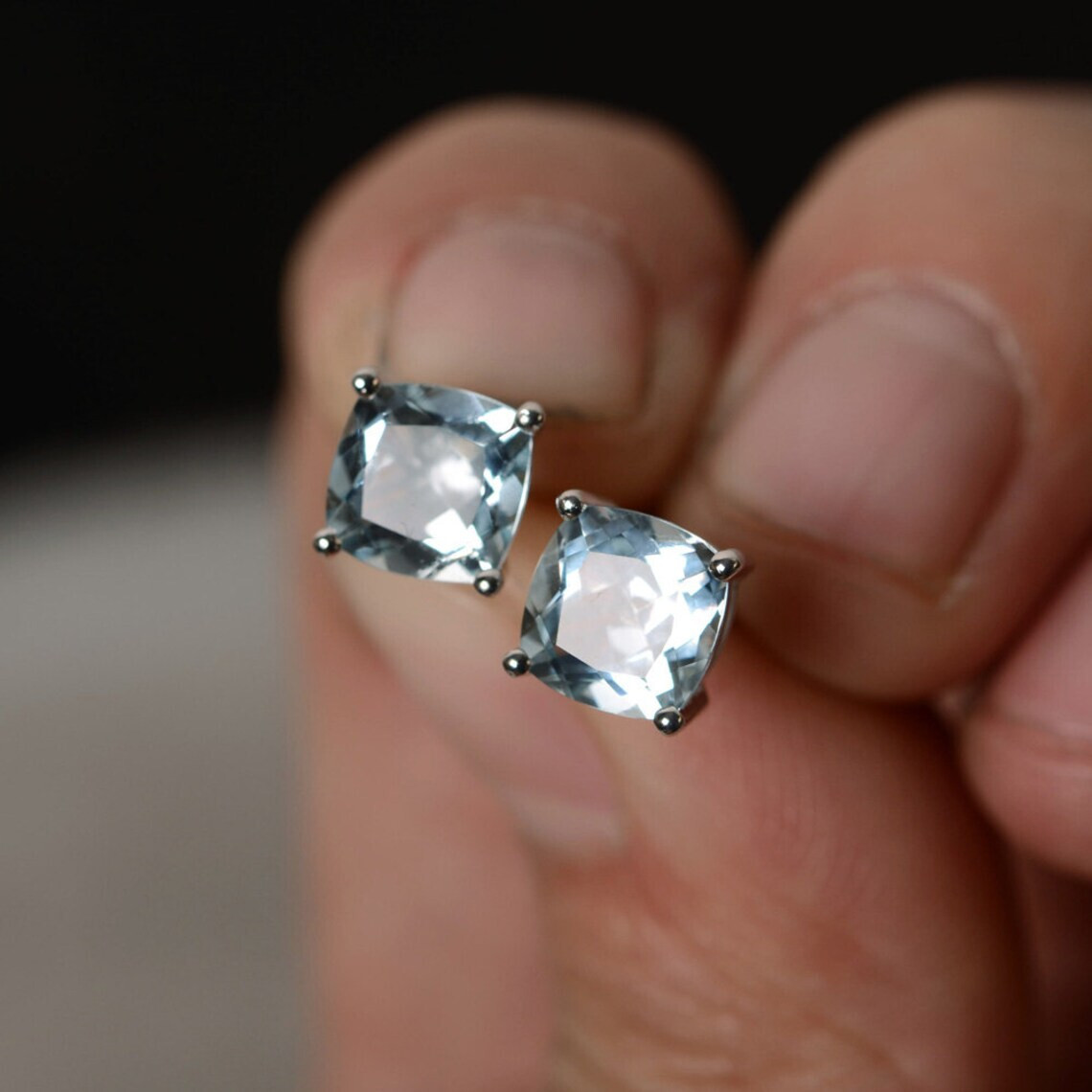 Aquamarine Cushion Cut Gemstone 925 Sterling Silver Women Designer Stud Earrings