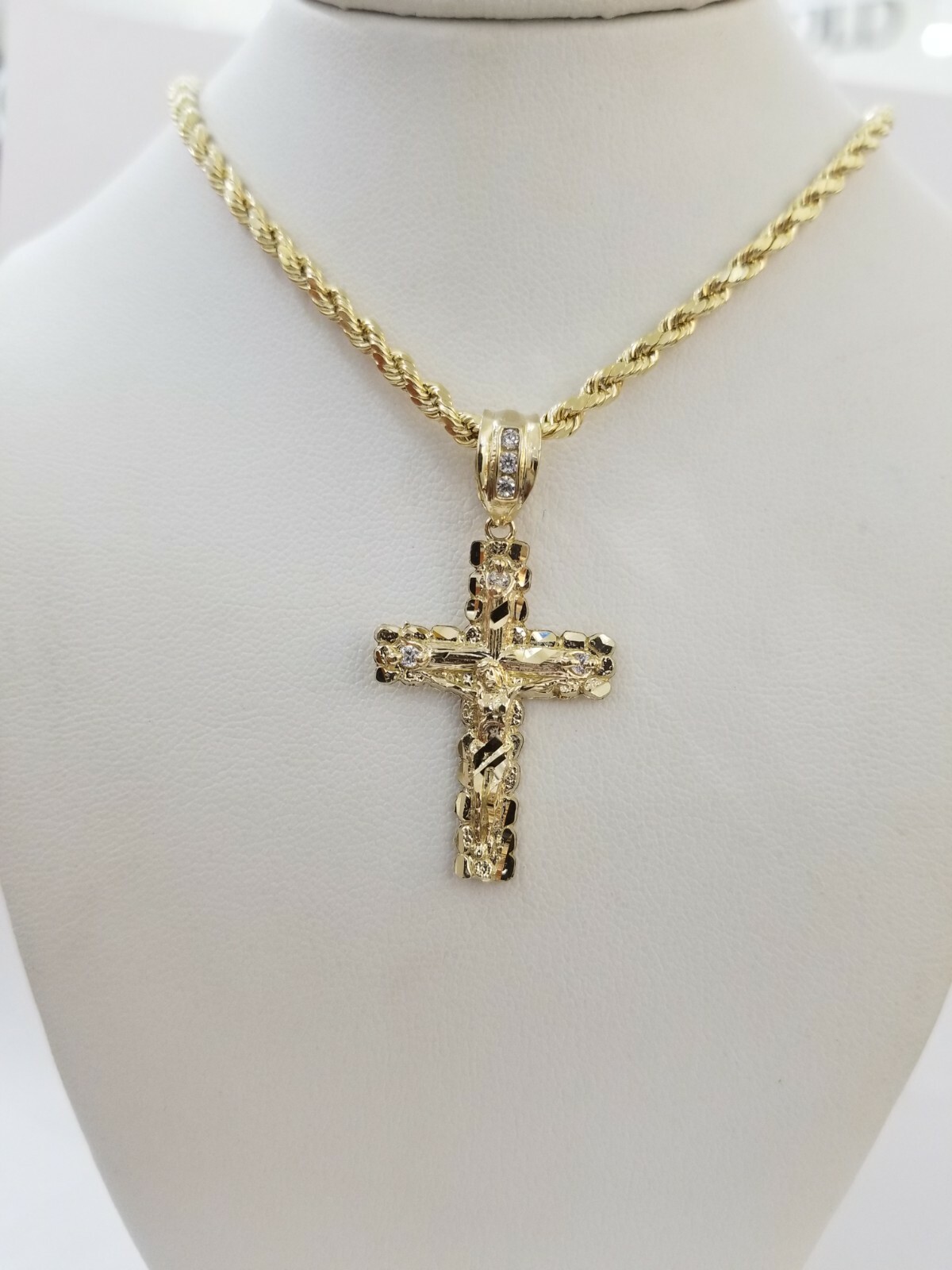 Real Solid 10k Gold Rope Chain Cross Charm 4mm Necklace & Pendant Set 16″-28″