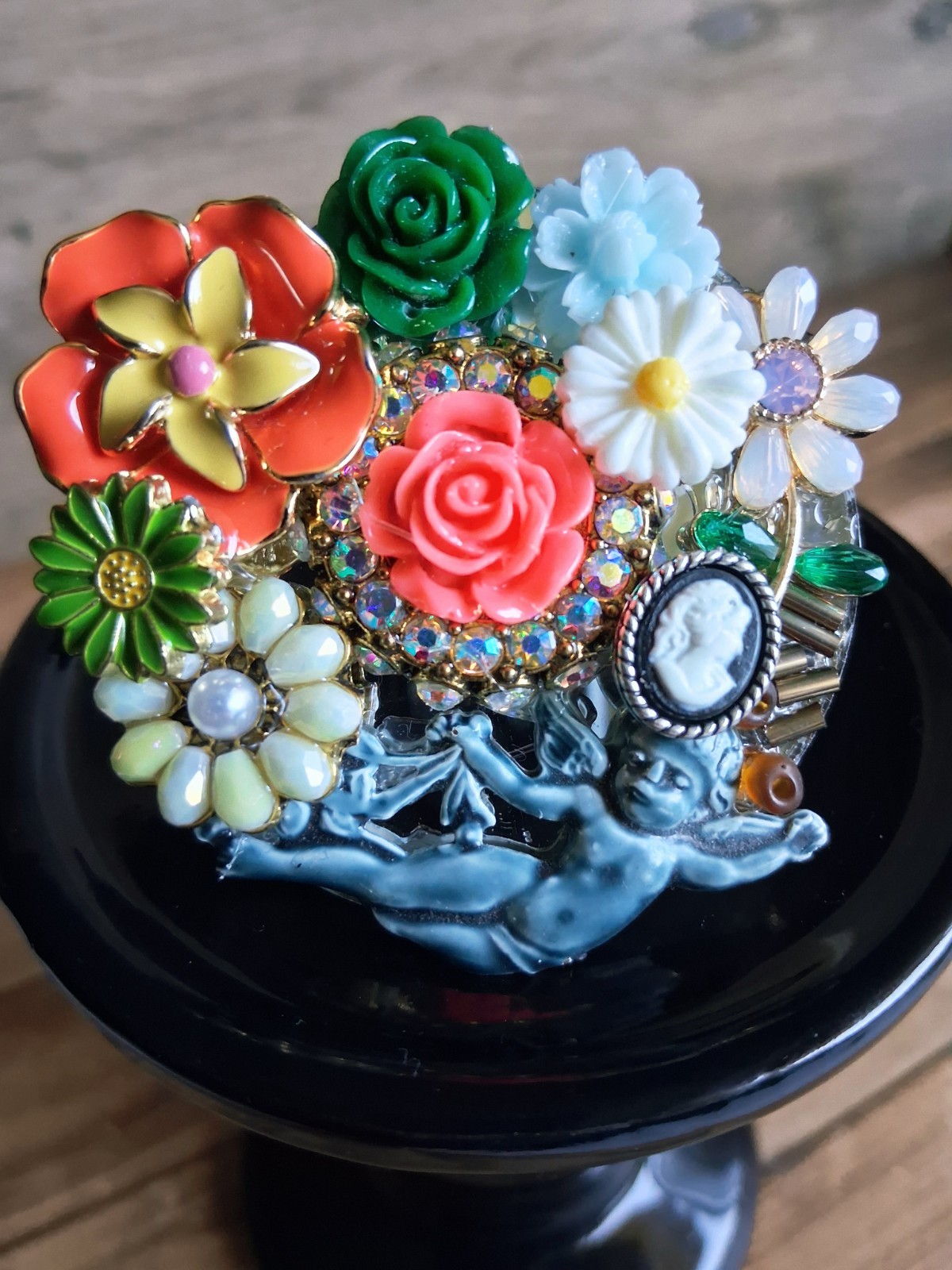 Handmade Flowers Cherub Pink Blue Green Orange Whimsical Fashion Art Pin Brooch