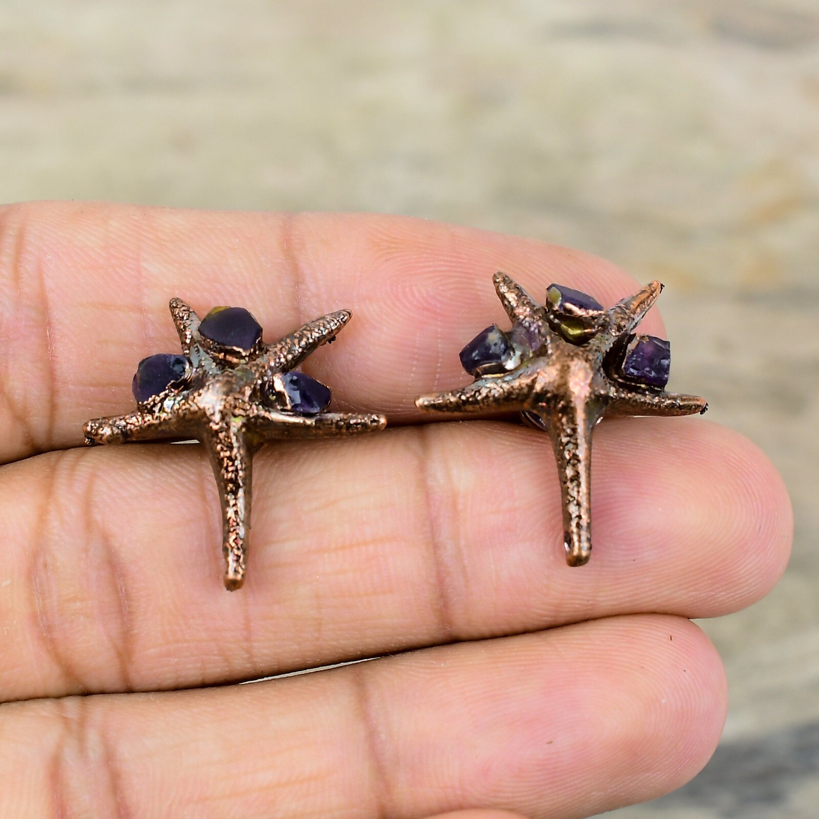 African Amethyst Rough Electroformed Earrings Handcrafted Copper Ethnic 0.98″