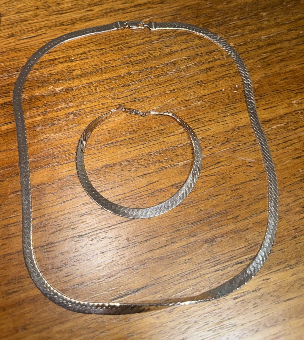 Sterling Silver 18 Inch Herringbone Italian Chain Necklace and 7 Inch Bracelet