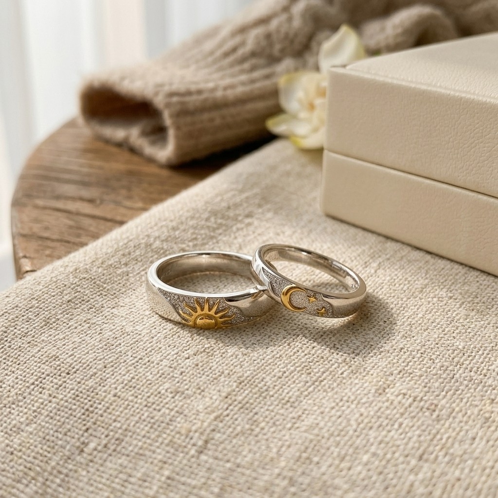 Sun Moon Star Adjustable Couple Promise Rings Set Matching Wedding Bands for Her