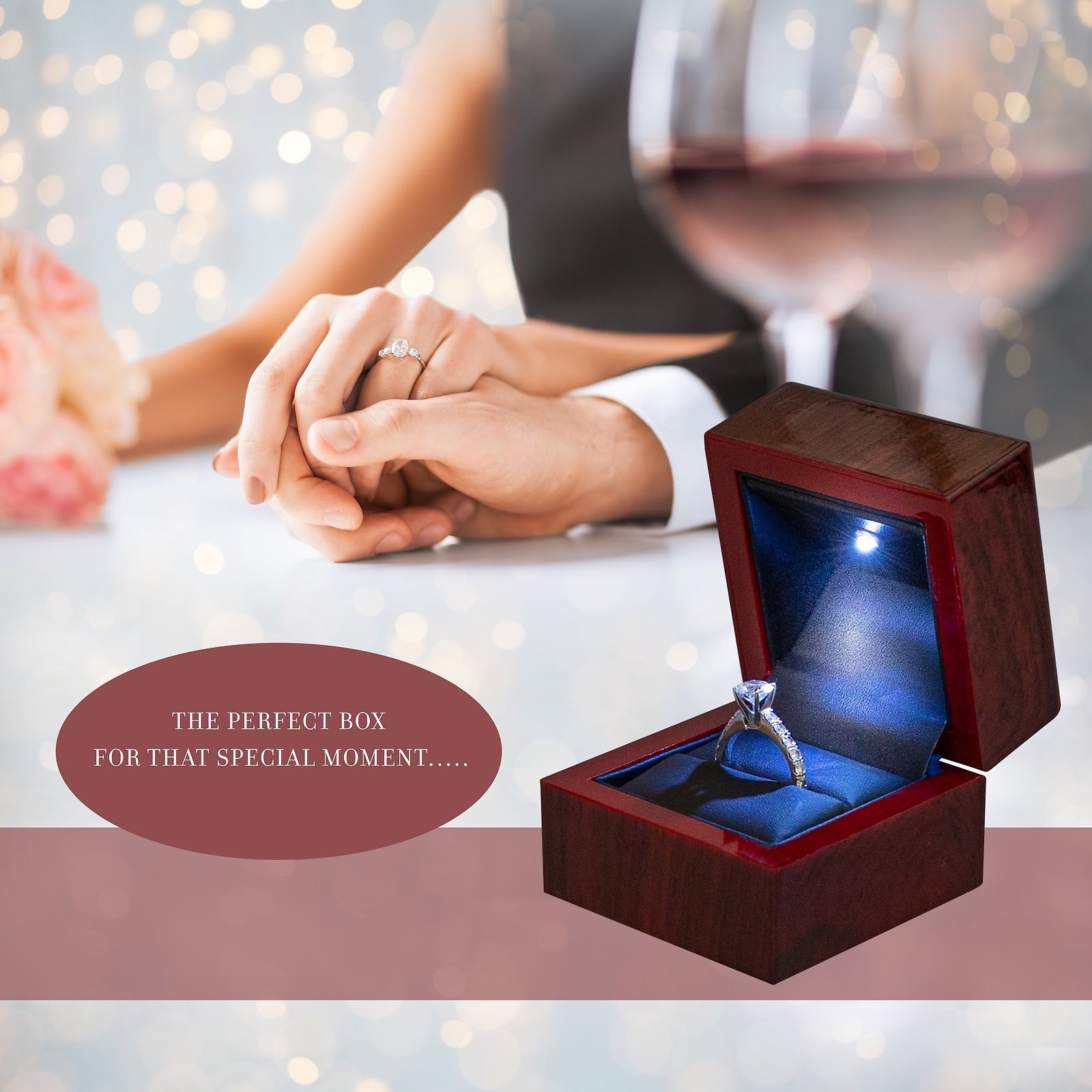 Novel Box Cherry Wood Led Ring Box, Led Light Ring box for Engagement Proposal