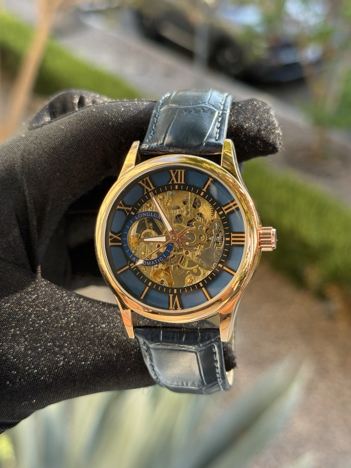 Longlux Automatic Skeleton Men’s Watch Gold Tone Blue Dial 42mm 3ATM Leather