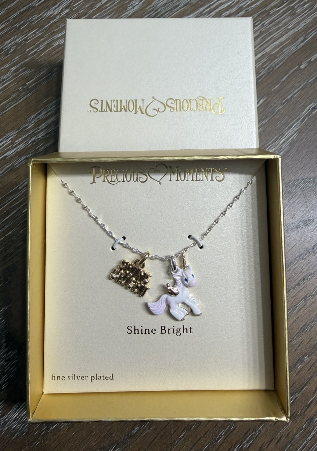 Precious Moments Unicorn Necklace Shine Bright Fine Silver Plated NIB Viral