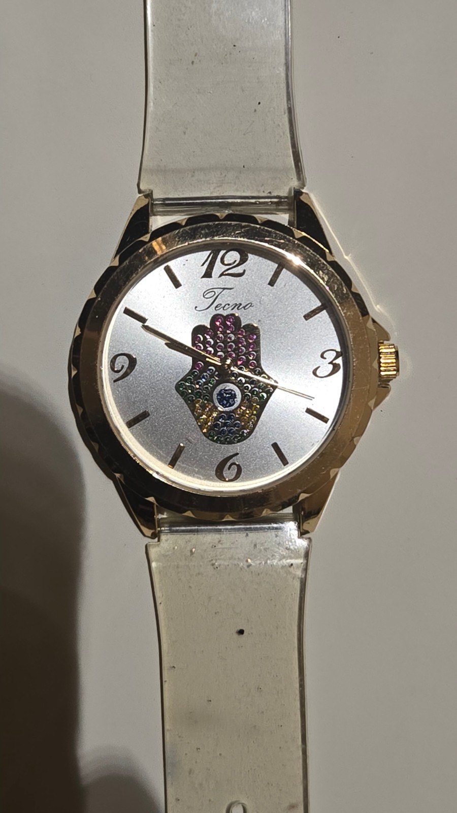 Womens Hamsa Watch Gold Tone Clear Band Crystal’s Needs Battery