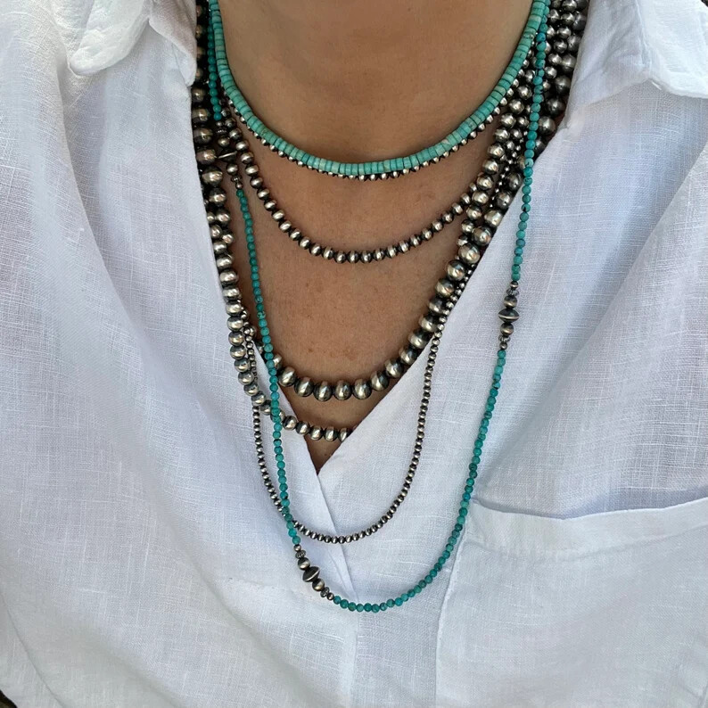 Sterling Silver Native American Desert Navajo Pearls Beaded Necklace 3mm to 8mm