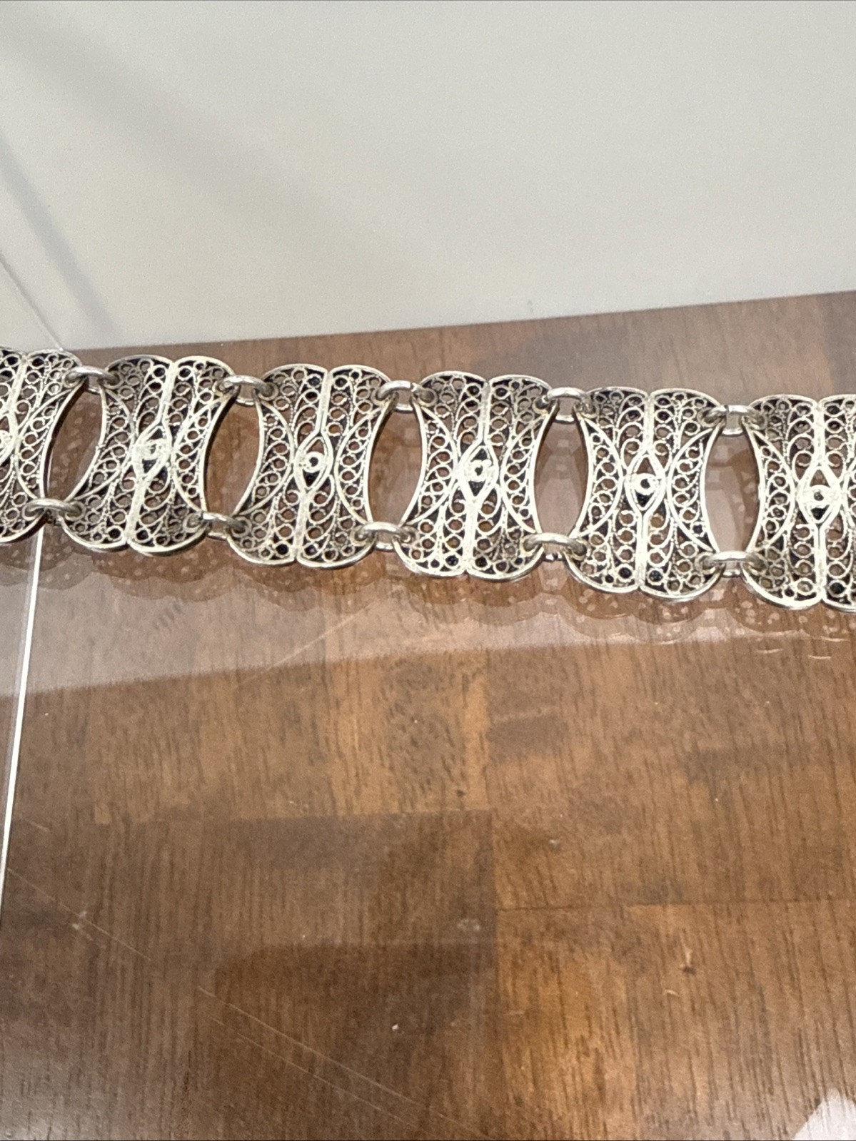 925 Silver Turkish Panel Bracelet. 7.75-8.75in Long. ~1 inch Wide. E5