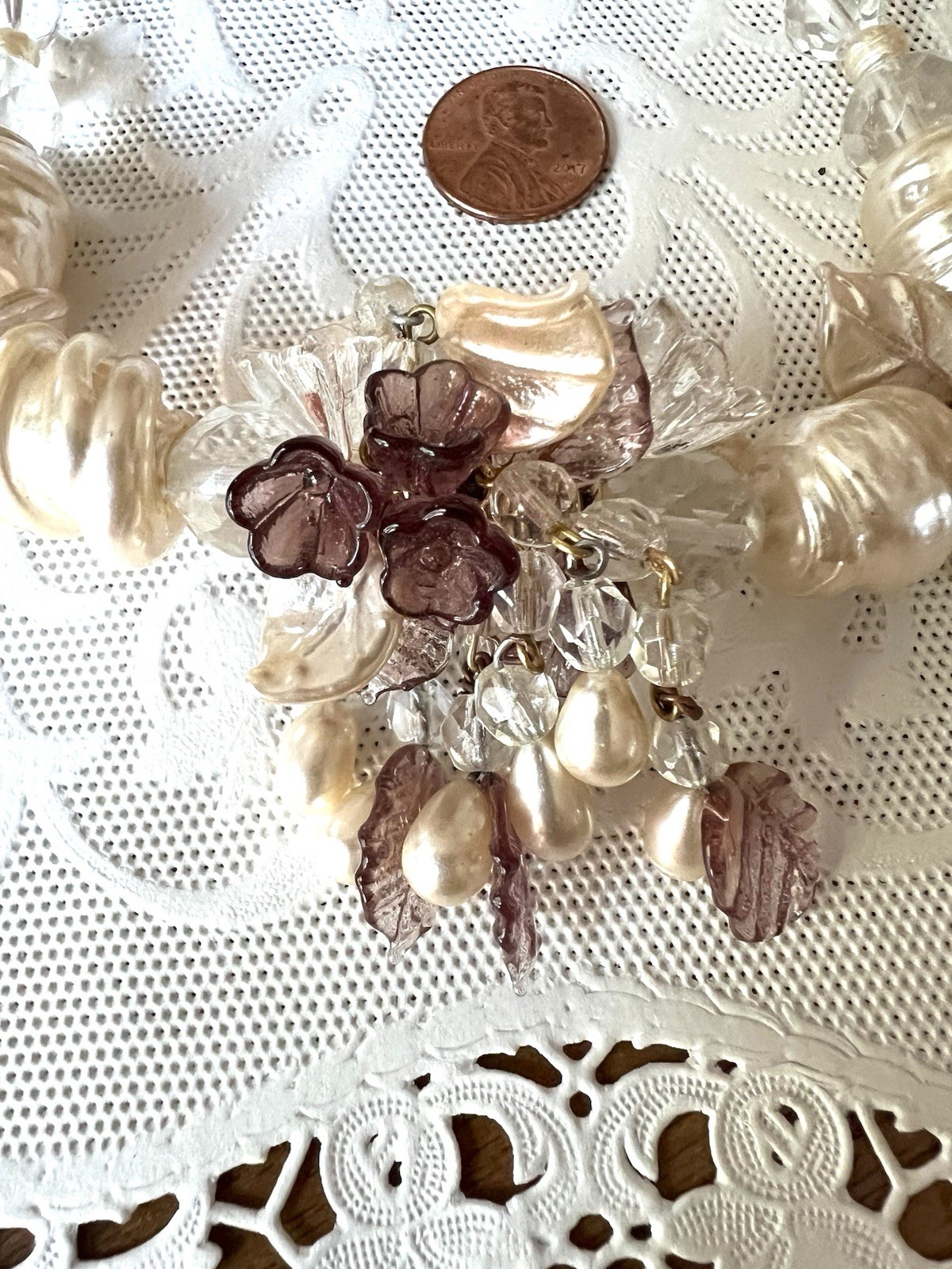 Vintage Venetian Clear, Purple, & Faux Pearl Flower Bead Art Glass Necklace 18″