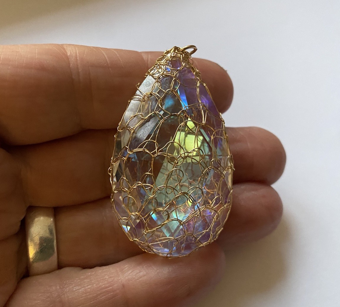 Large, Aurora Borealis Crystal Pendant In 9ct Gold Plated Net Setting