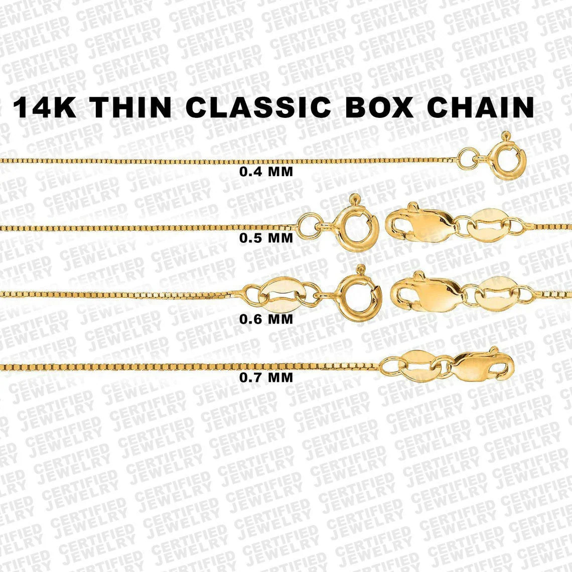 14K Solid Yellow Gold Box Chain Necklace 0.4MM-0.7MM Spring or Lobster
