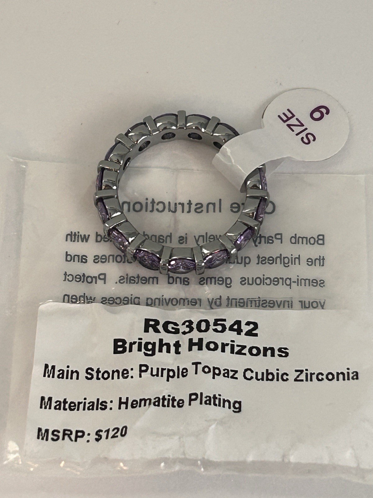 Size 9 BRIGHT HORIZONS Purple Topaz CZ Band Ring on HEMATITE Bomb Party NEW!