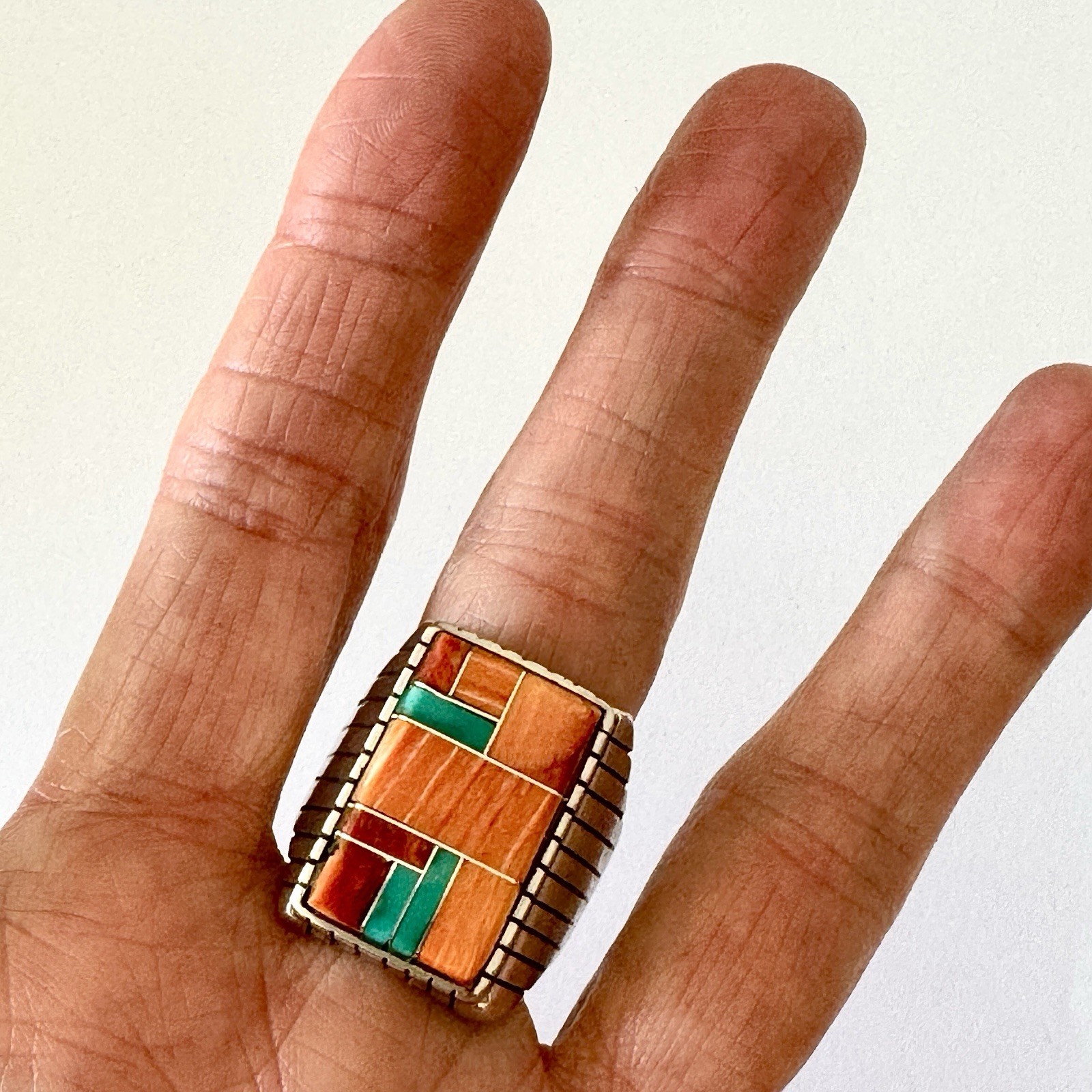 Turquoise Multi Stone Inlay Mens Ring Sz 12 Navajo Sterling Signed T Jack 25mm