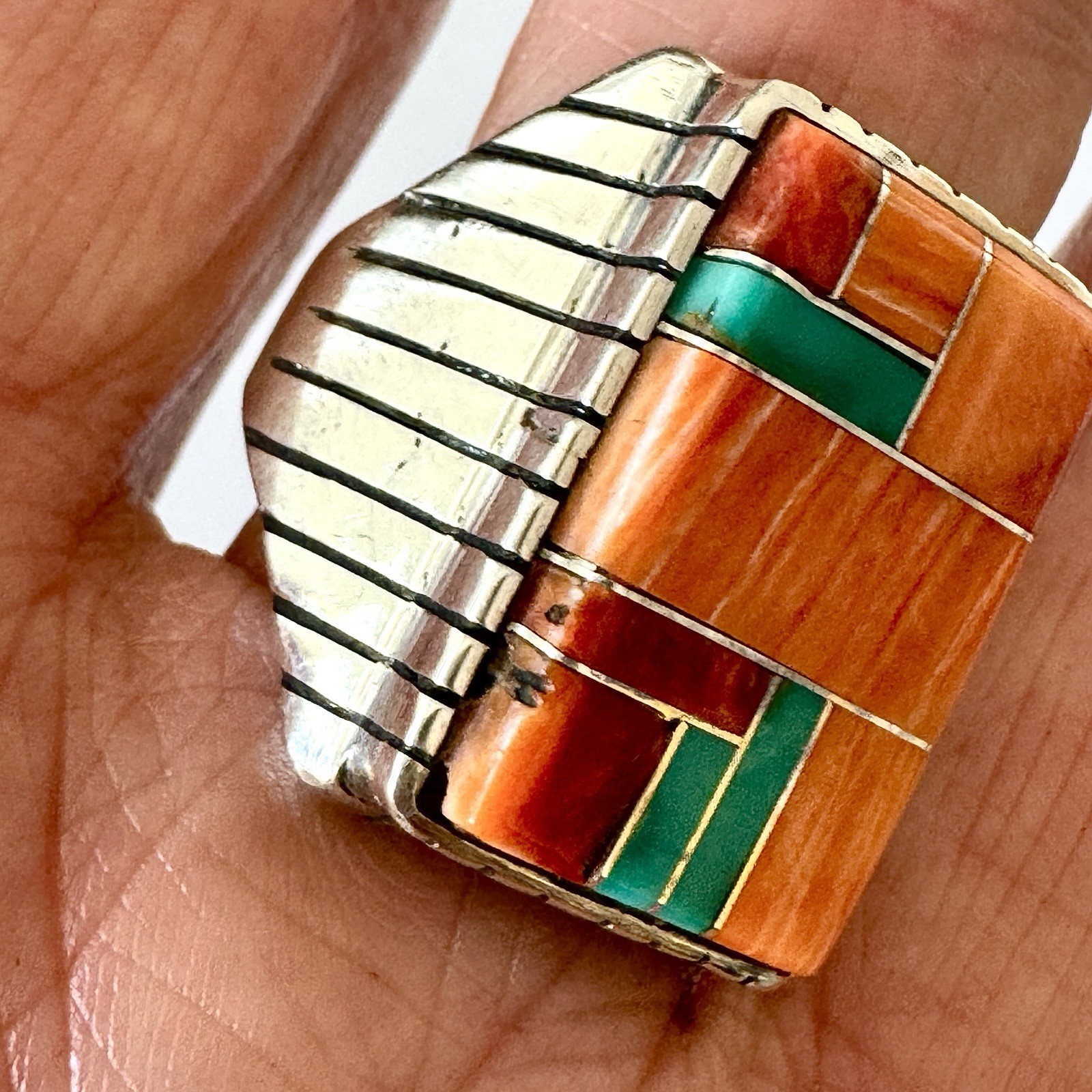 Turquoise Multi Stone Inlay Mens Ring Sz 12 Navajo Sterling Signed T Jack 25mm