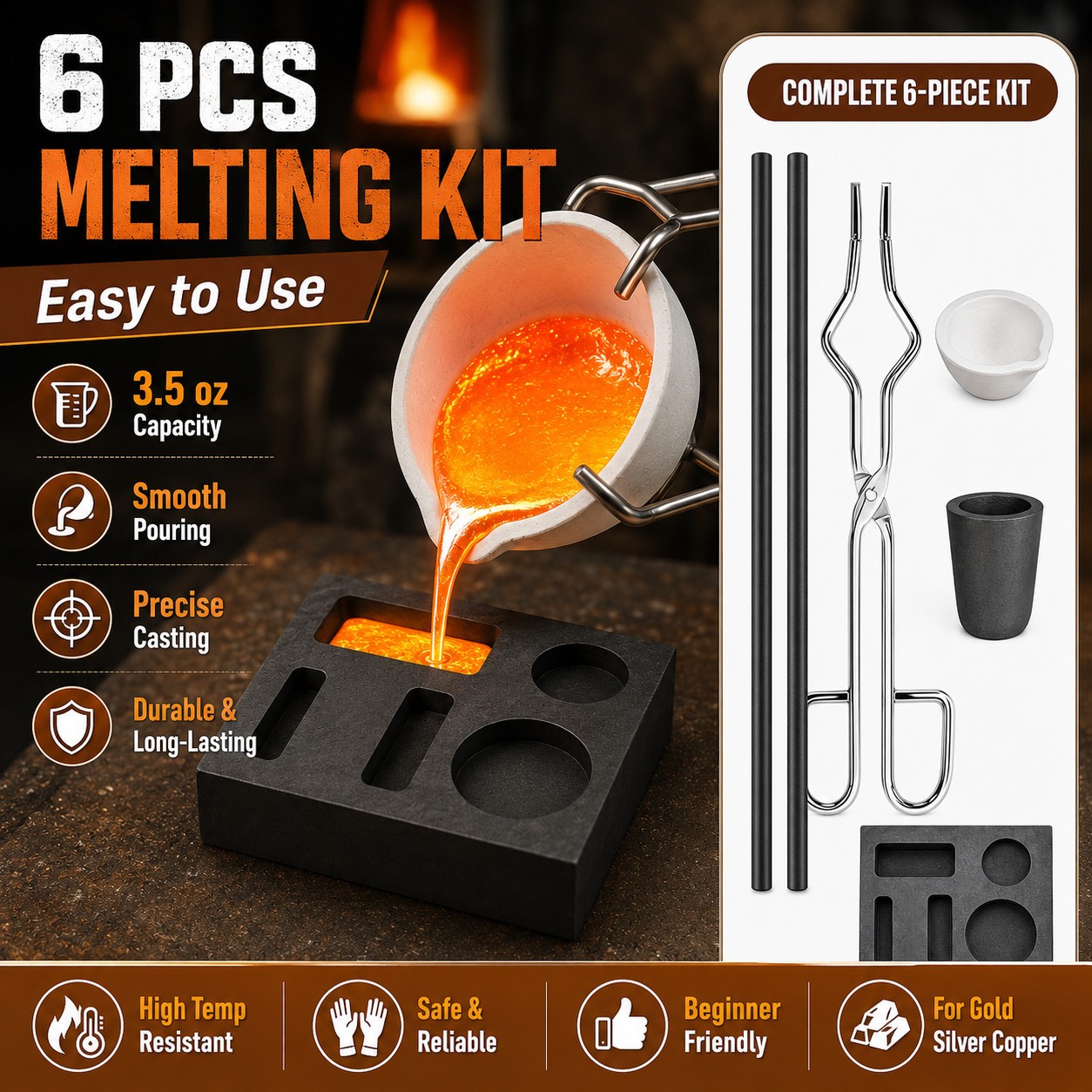 6PCS Graphite Ingot Casting Mold Kit for Gold Silver Copper Refining Melting