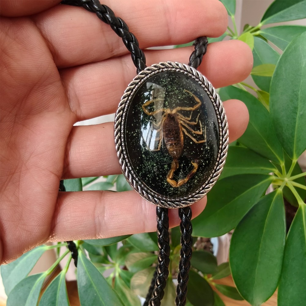 Faux Leather Western Gothic Wedding Necklace Necktie – Black Scorpion Bolo Tie