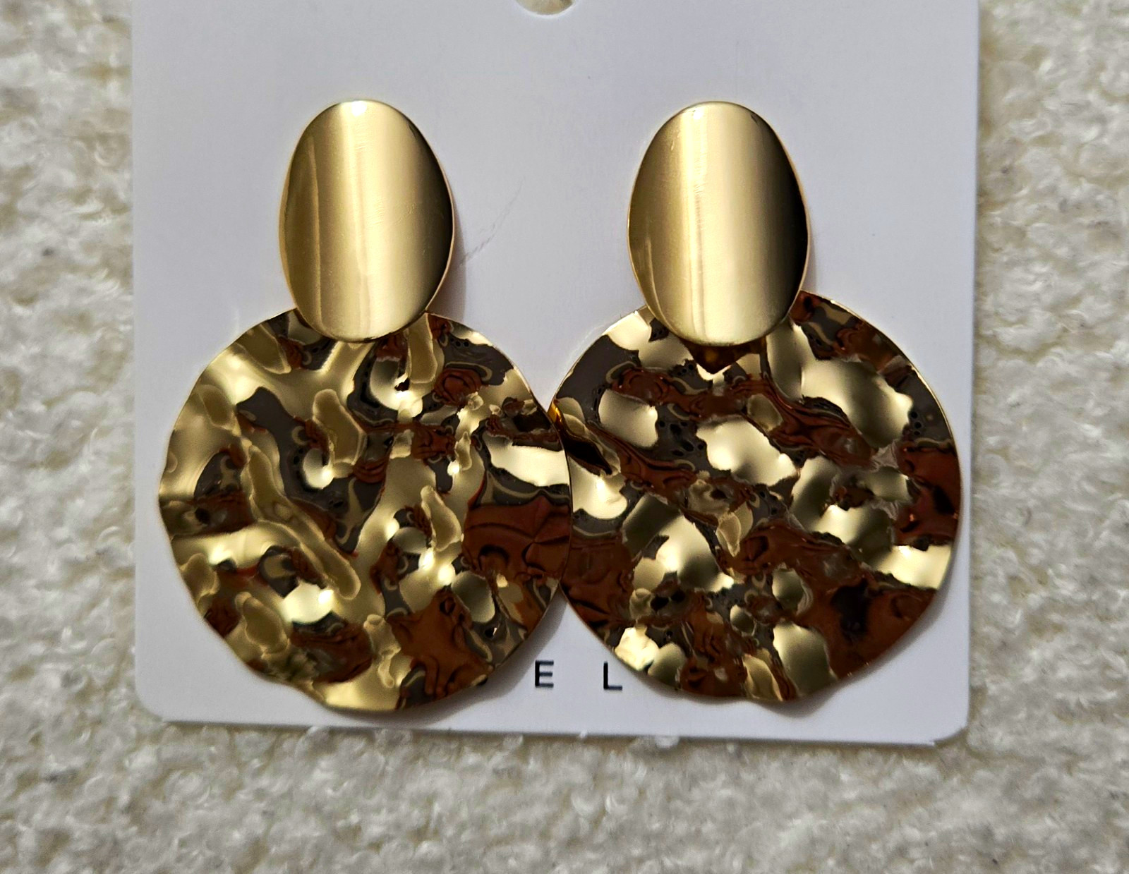 Gold Tone Hammered Textured Round Dangle Drop Earrings, Post Closure No Stone