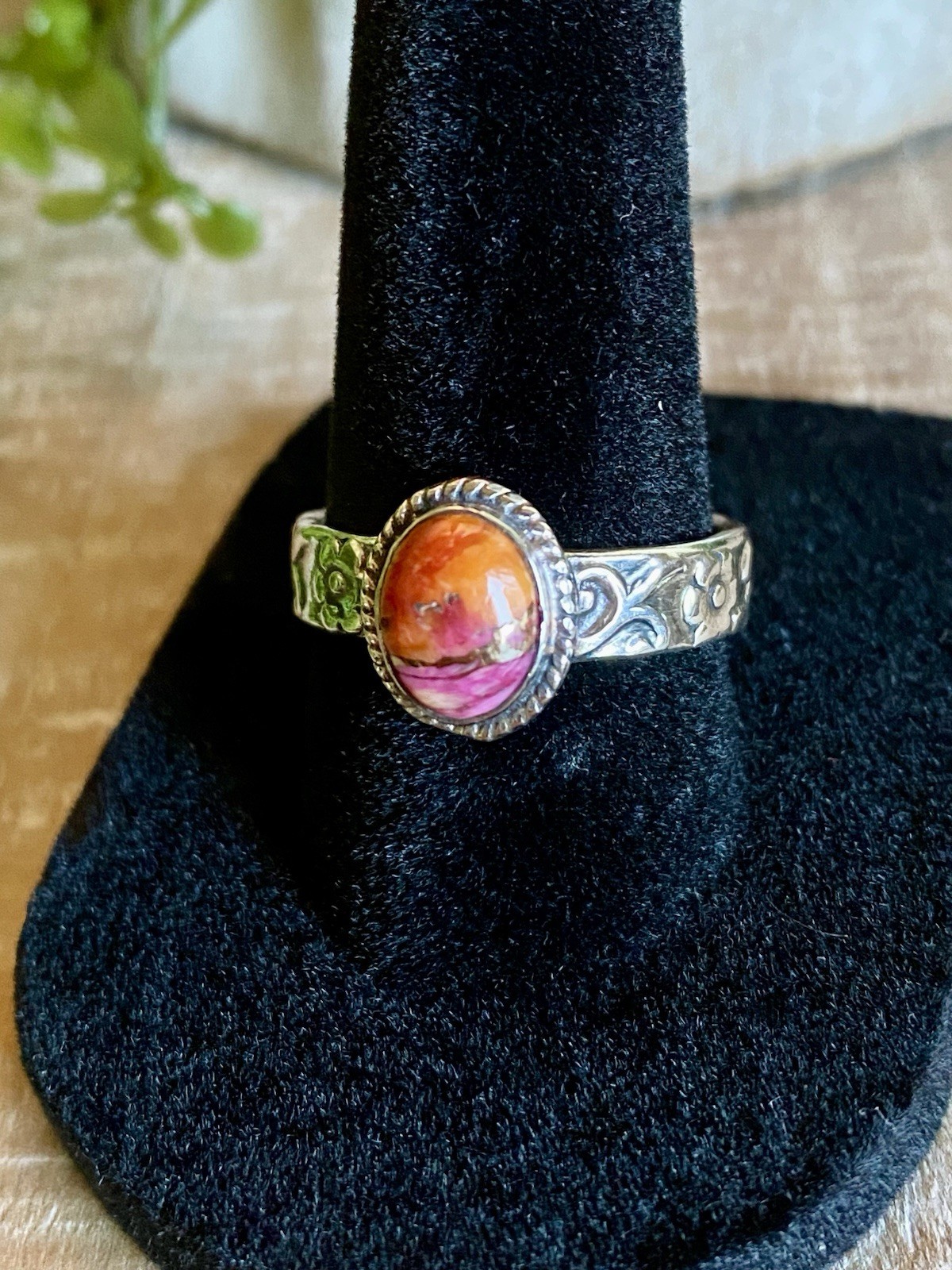Pink Orange Spiny Oyster Shell Sterling Silver Ring Boho Southwestern Flower 8