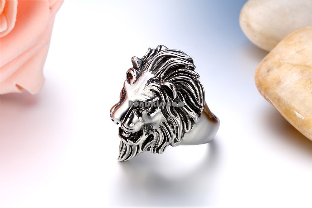 Biker Men’s Vintage Casting Black Silver Stainless Steel Lion Head Ring Band