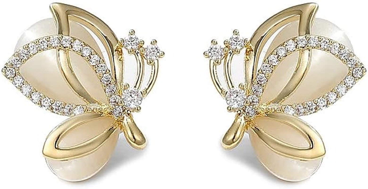 Elegant CZ Butterfly Earrings Crystal Cat’S Eye Stud for Women Gold-Tone 925 Ste