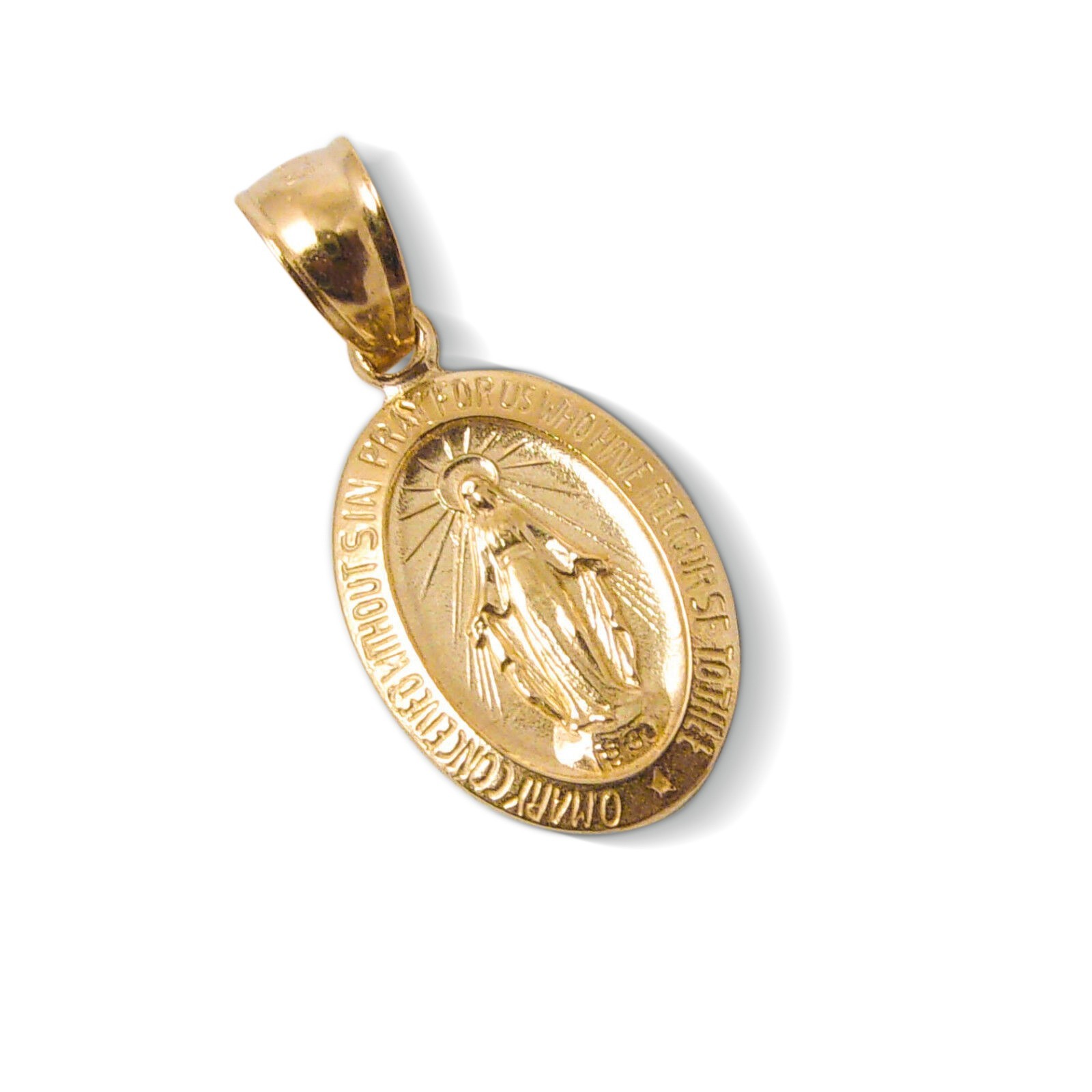 Solid 18K Yellow Gold Miraculous Medal Virgin Mary Pendant, 9/16″, Catholic
