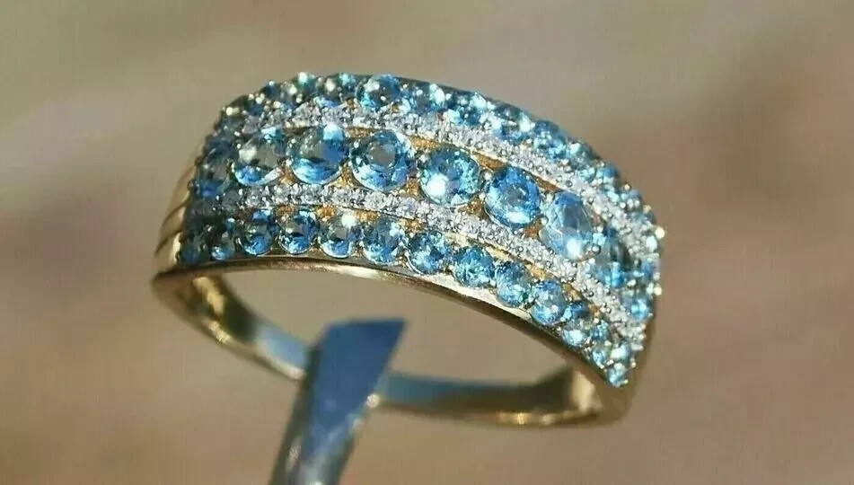 2.20Ct Round Cut Simulated Aquamarine Eternity Band Ring 14K Yellow Gold Plated