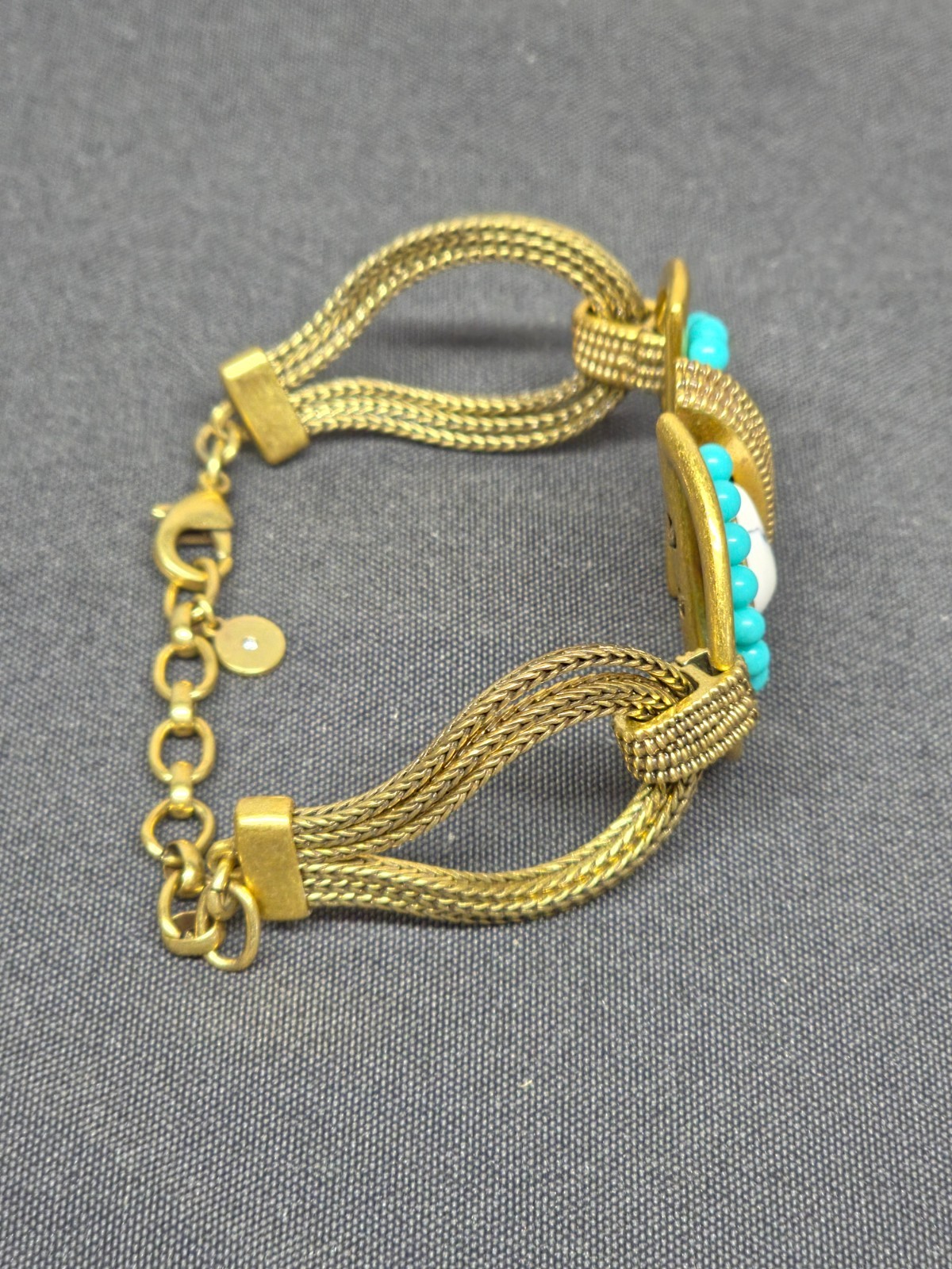Stella Dot Boho Bracelet Antique Bronze Mesh Turquoise White Stone Adj 5.75-8″