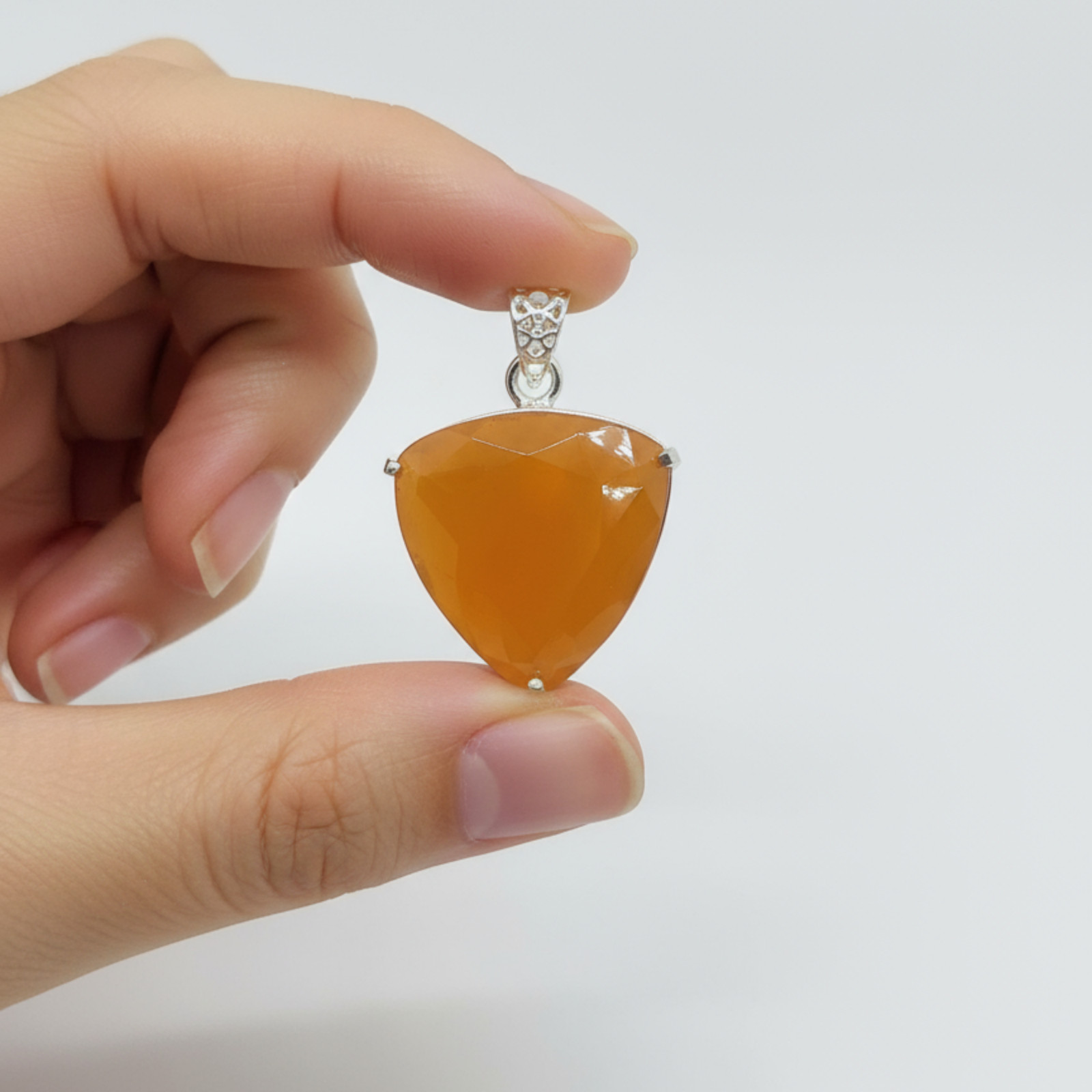 Handmade Trillion Cut Orange Opal Pendant with Free Silver Chain | 70-80 Carats