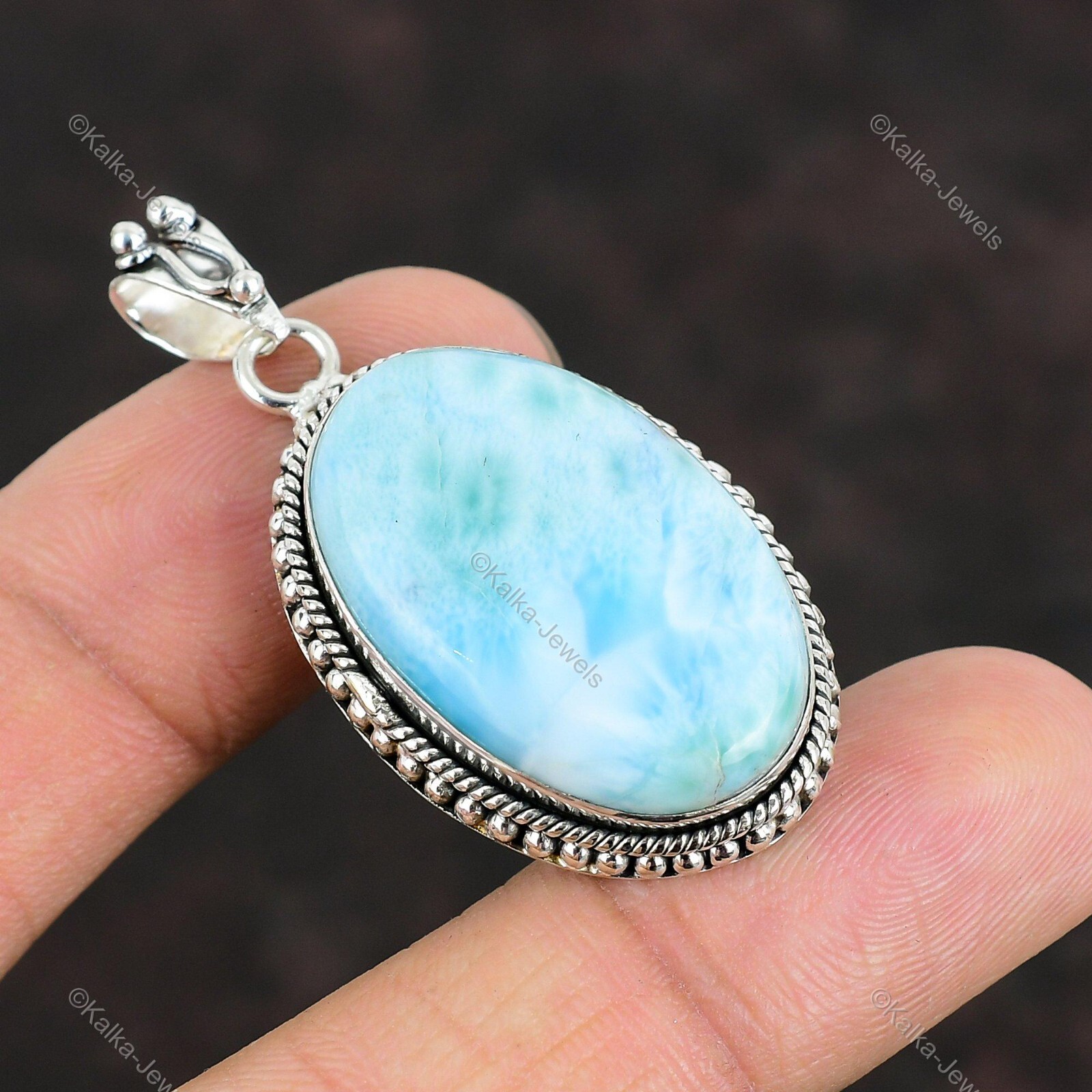 Natural Larimar Gemstone Pendant Blue 925 Sterling Silver Indian Jewelry